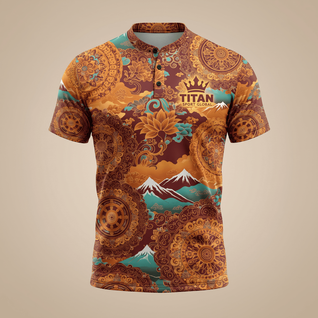 Brown mandarin collar polo shirt with intricate mandala patterns, mountain graphics, and Titan Sport Global logo.