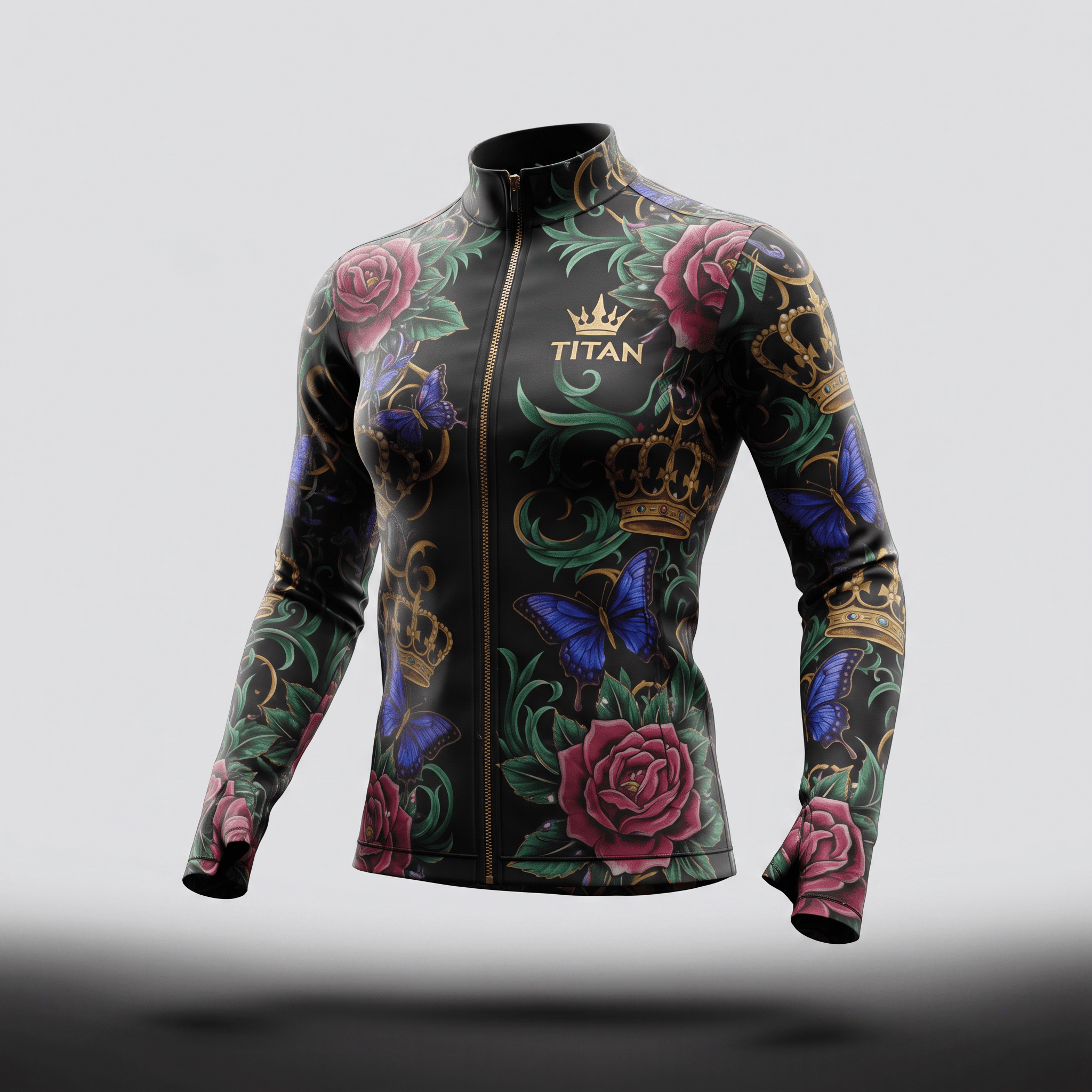 Titan long-sleeve cycling jersey in black with a colorful tattoo-style rose, crown, and butterfly print.