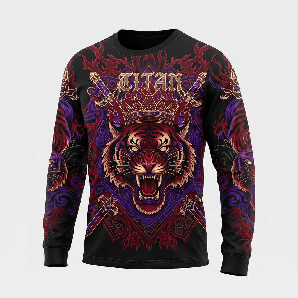 Black long-sleeve t-shirt featuring a fierce tiger graphic with a crown, swords, and red and purple flames.