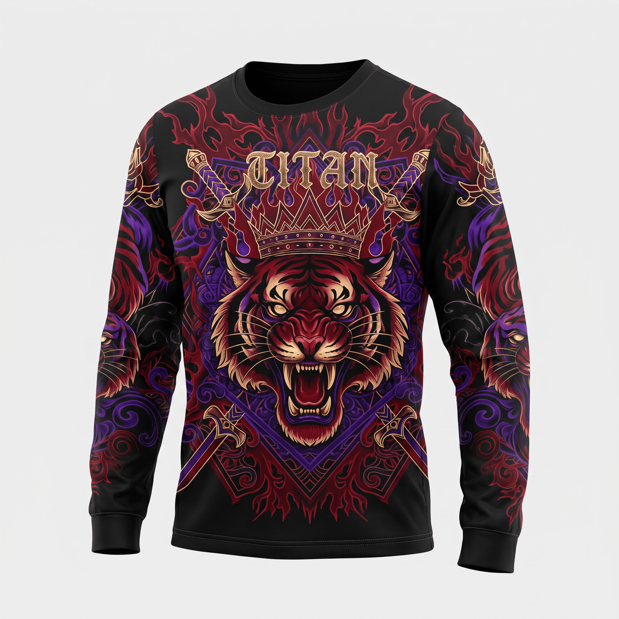 Black long-sleeve t-shirt featuring a fierce tiger graphic with a crown, swords, and red and purple flames.