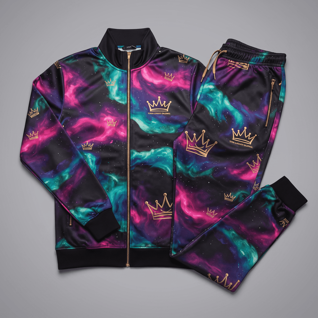 Black track jacket and pants set featuring a colorful galaxy print and gold crown graphics.