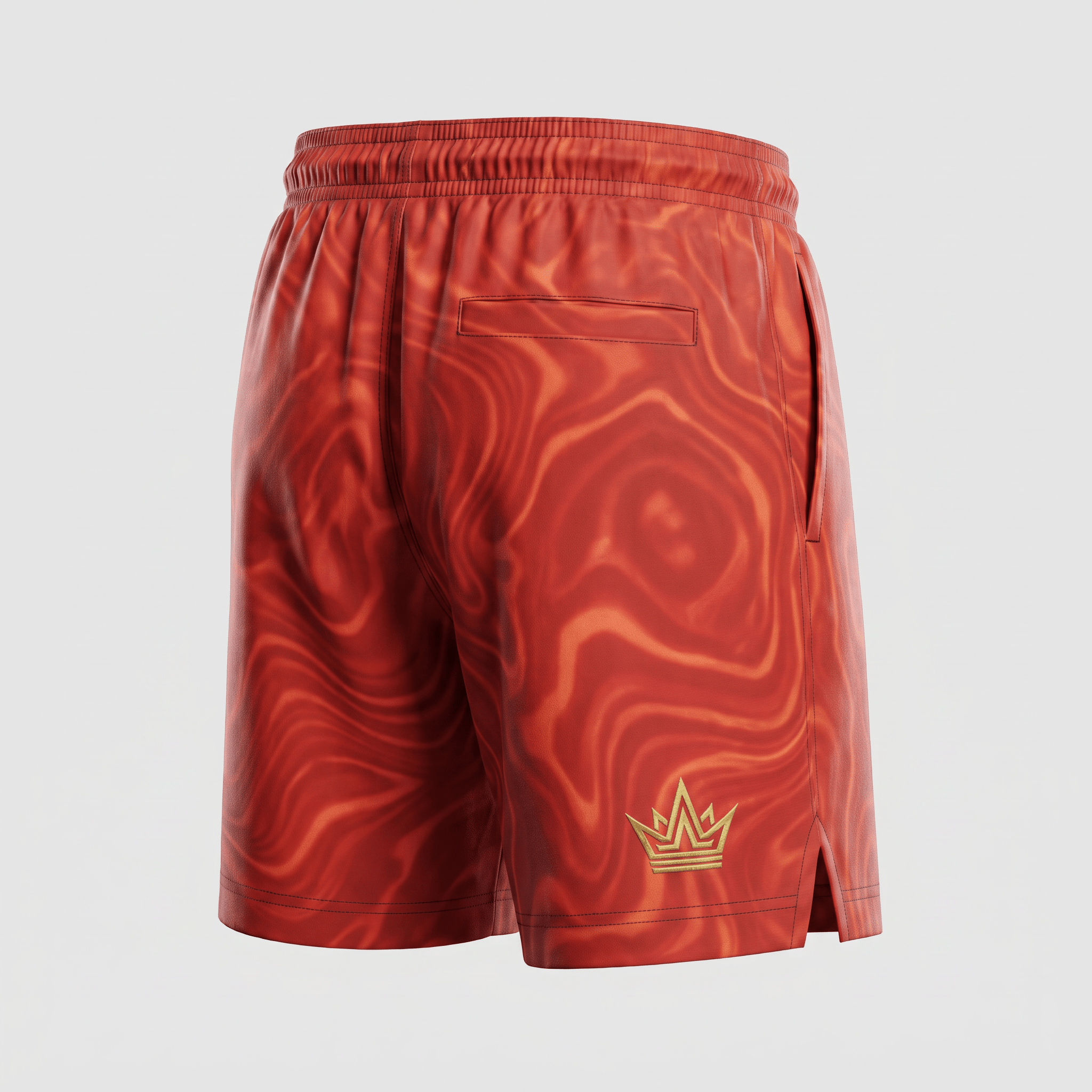 Red athletic shorts with a marbled orange pattern, gold crown logo on the back hem, and elastic waistband.