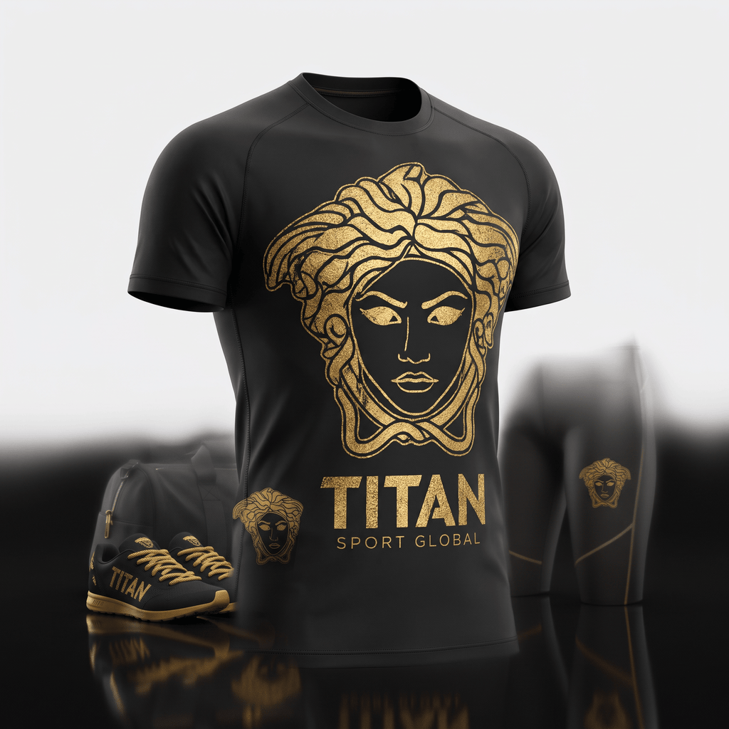 Black athletic t-shirt with gold Medusa graphic and Titan Sport Global logo, styled with matching shorts and sneakers.