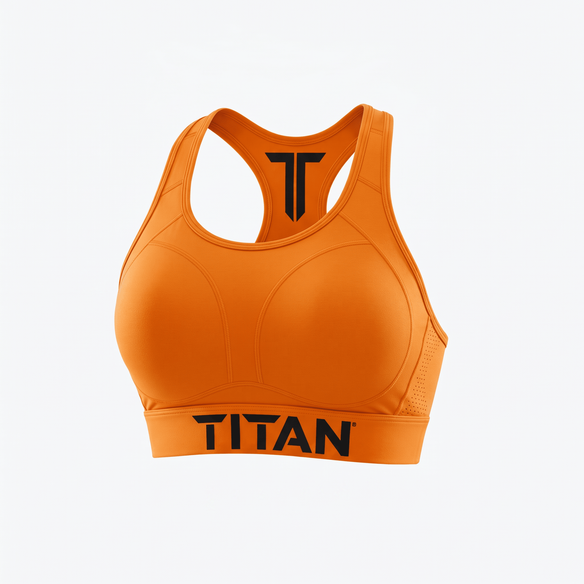 Bright orange TITAN sports bra with a racerback design and black logo lettering on the chest band.