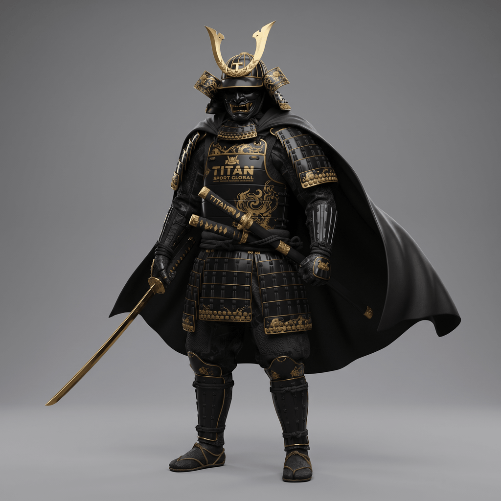 Black and gold samurai armor with ornate dragon detailing, matching helmet, cape, and a katana sword.