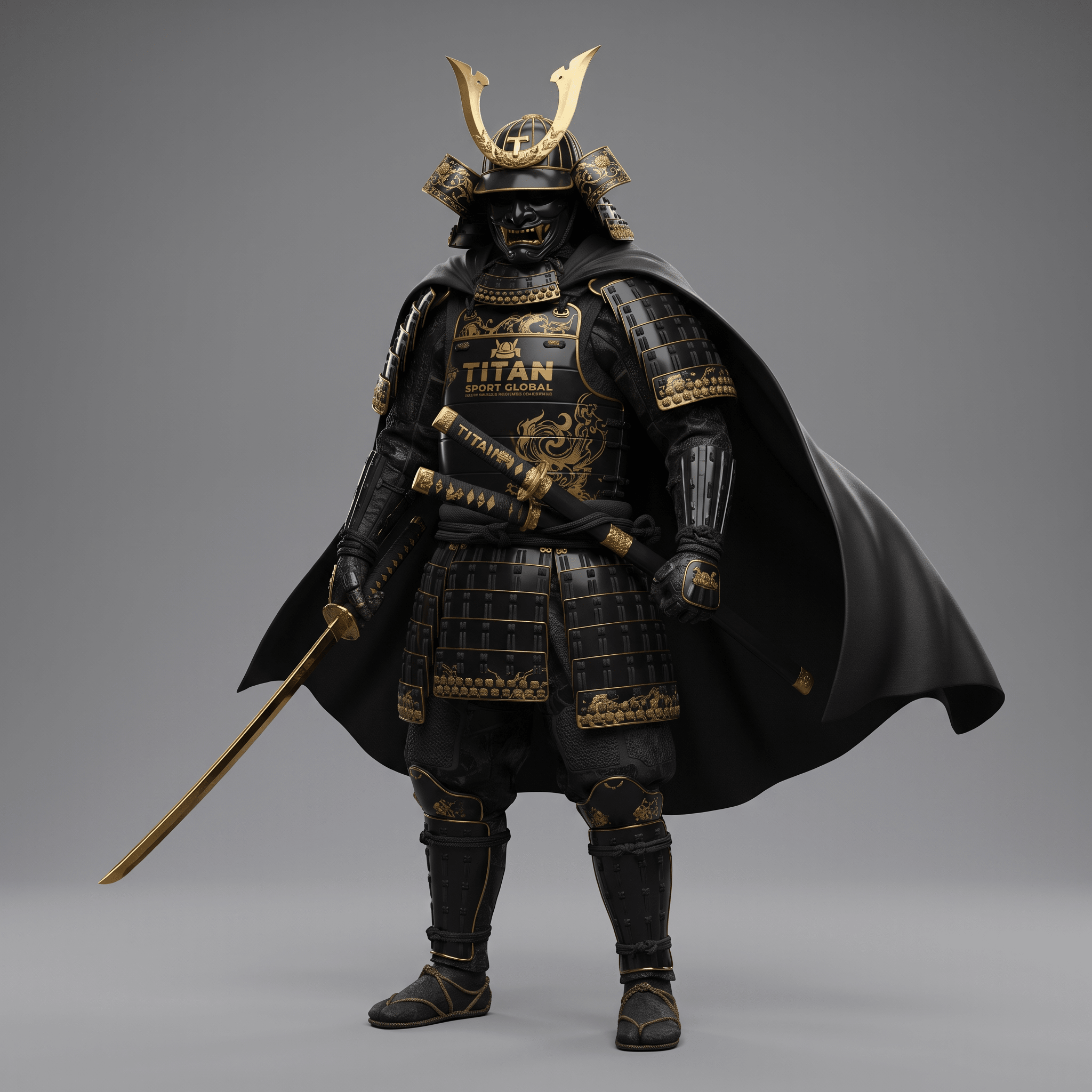 Black and gold samurai armor with ornate dragon detailing, matching helmet, cape, and a katana sword.