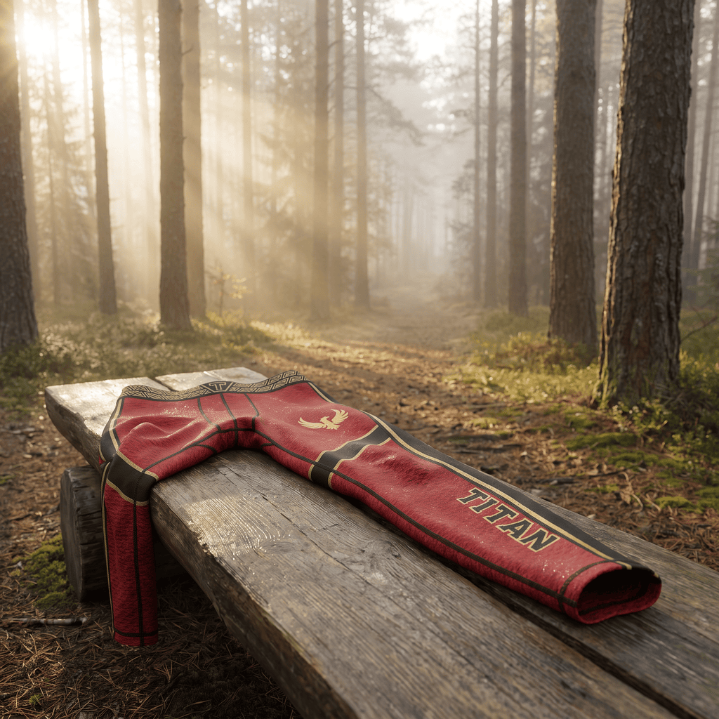 Red compression leggings with black trim, gold "TITAN" branding, and phoenix logo on a wooden bench in a forest.