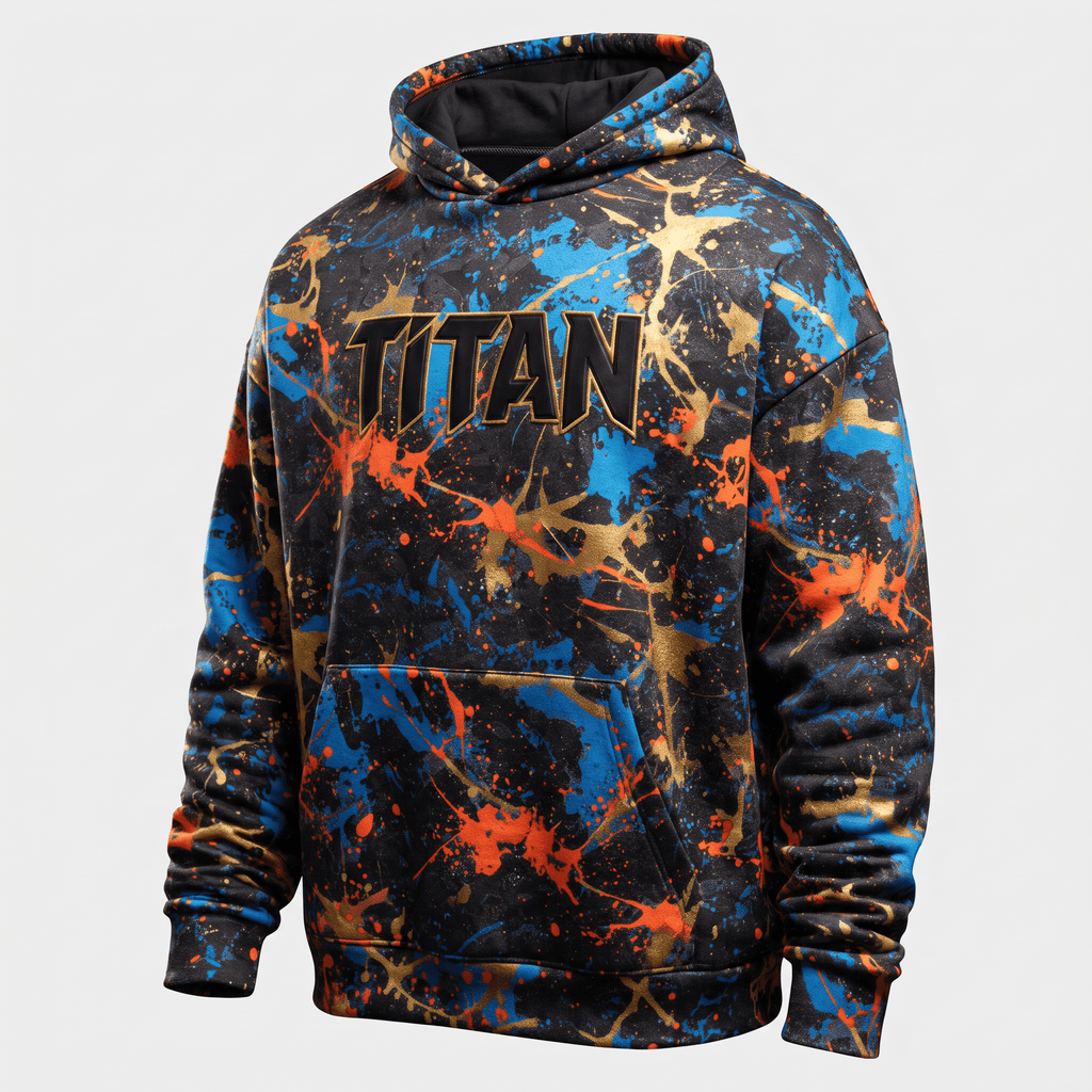 Black hoodie with blue, orange, and gold paint splatter print and the word Titan on the chest.