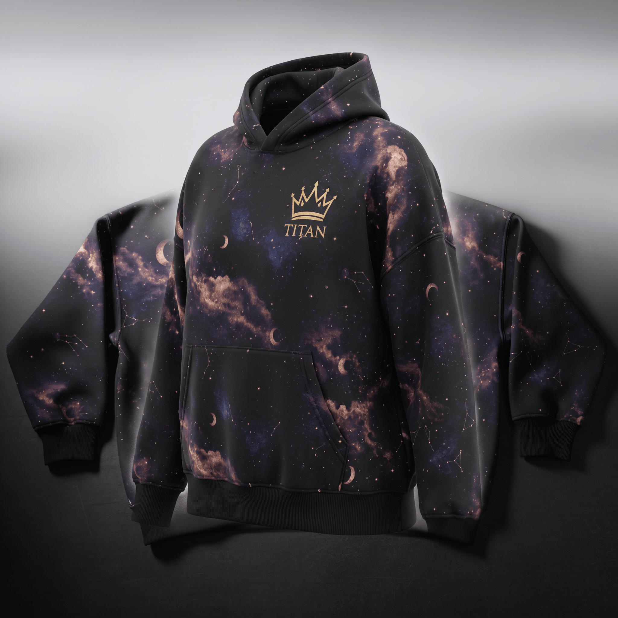 Black hoodie with a galaxy space print, gold crown logo, and Titan text on the chest.