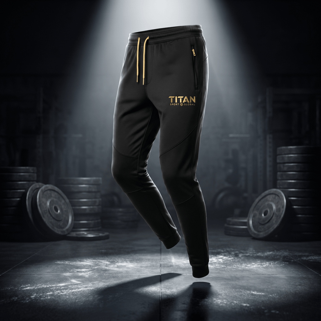 Black athletic joggers with gold drawstring and Titan Sport Global logo, floating in a gym setting.