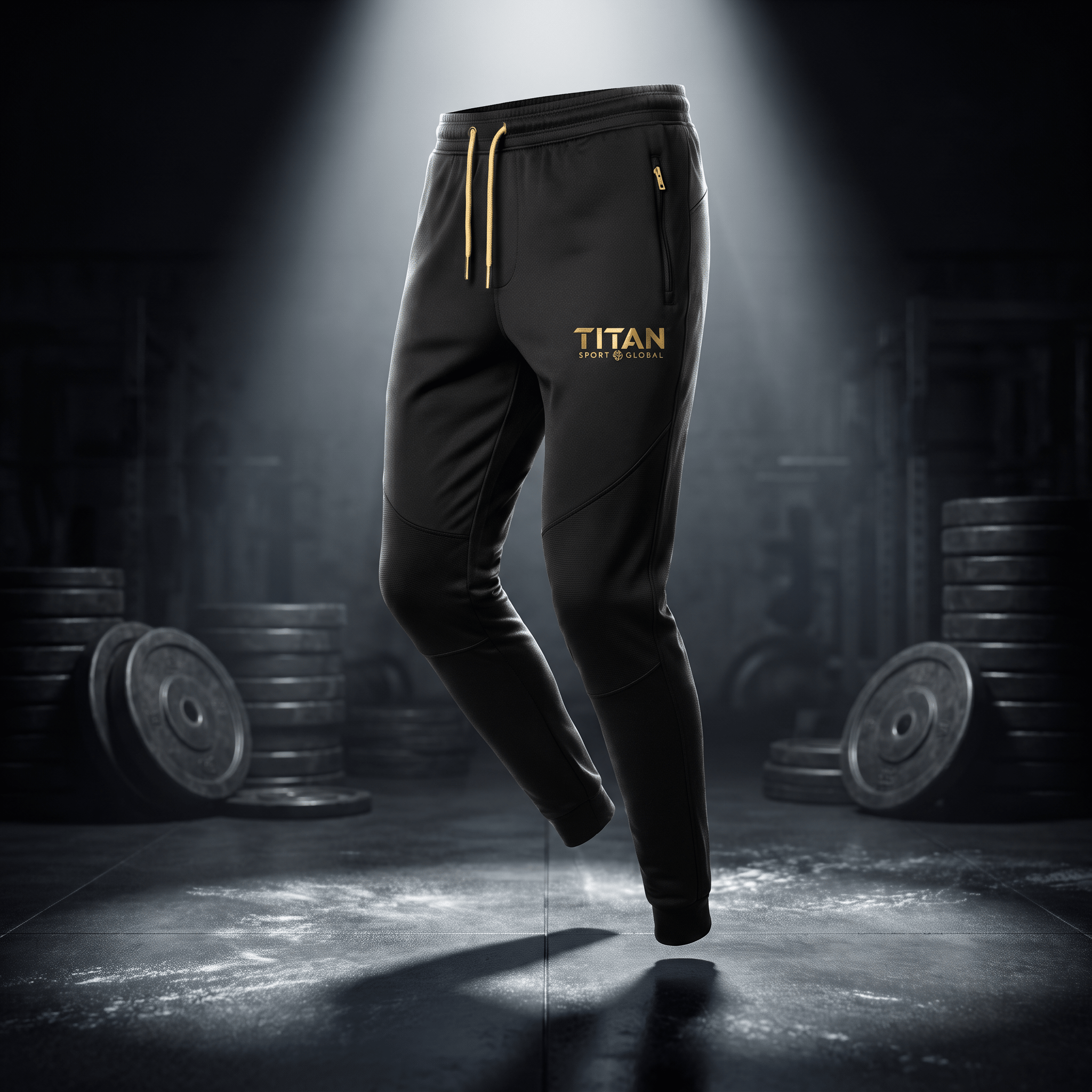 Black athletic joggers with gold drawstring and Titan Sport Global logo, floating in a gym setting.