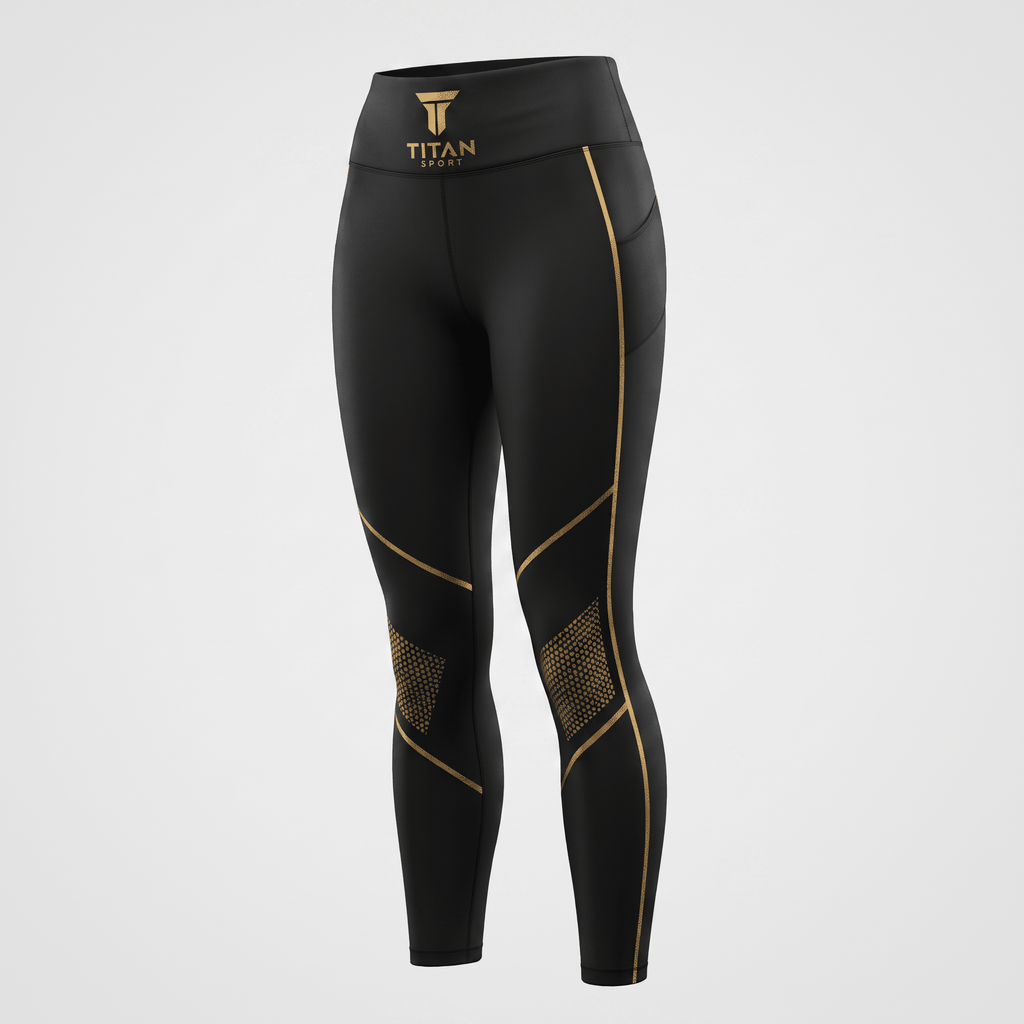 Black athletic leggings with gold piping and Titan Sport logo on the waistband.