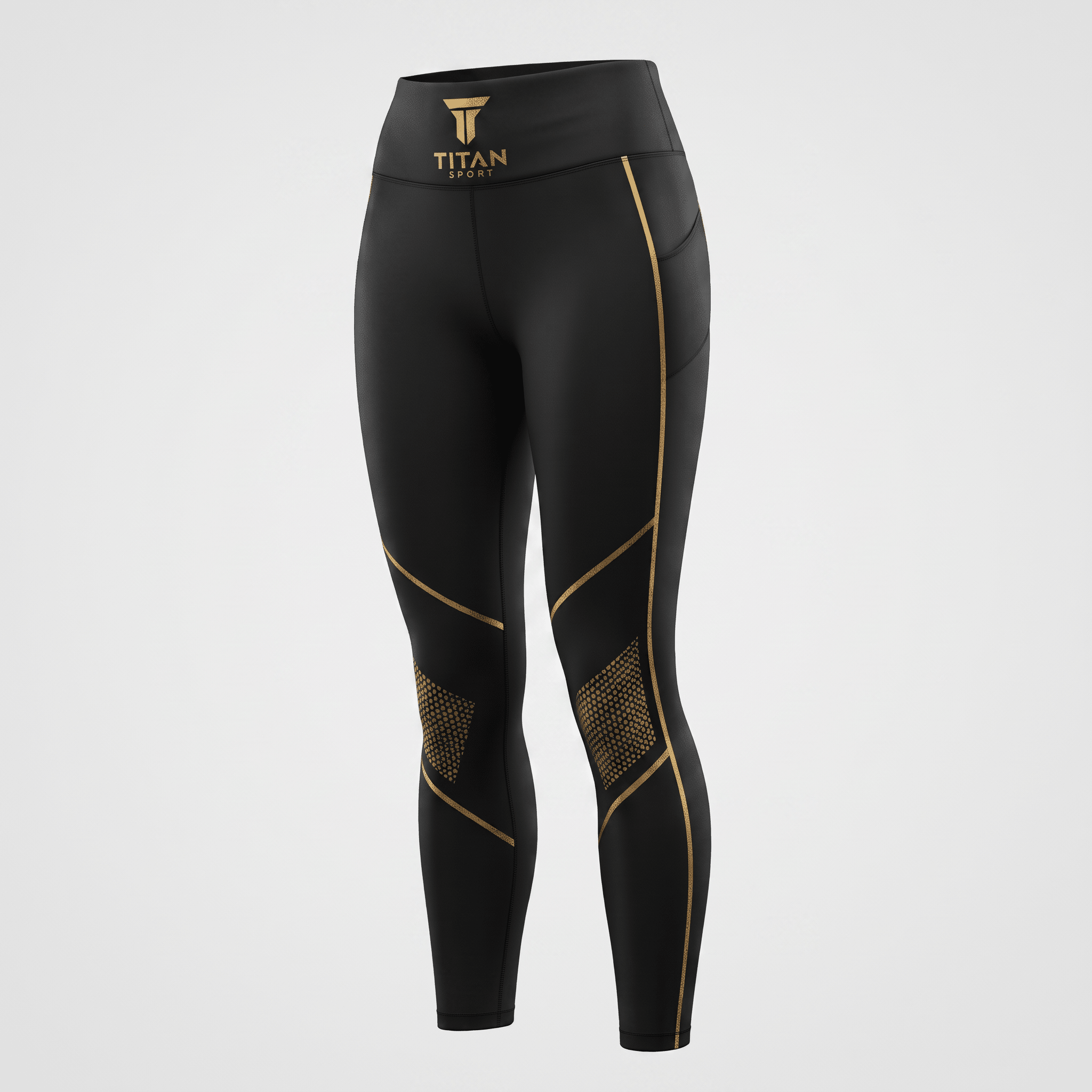 Black athletic leggings with gold piping and Titan Sport logo on the waistband.