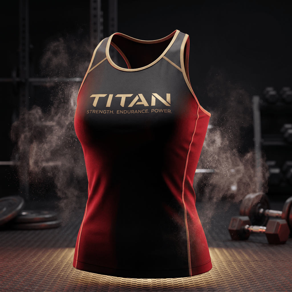 Black and red athletic tank top with "TITAN" logo in gold, shown in a gym setting with chalk dust.