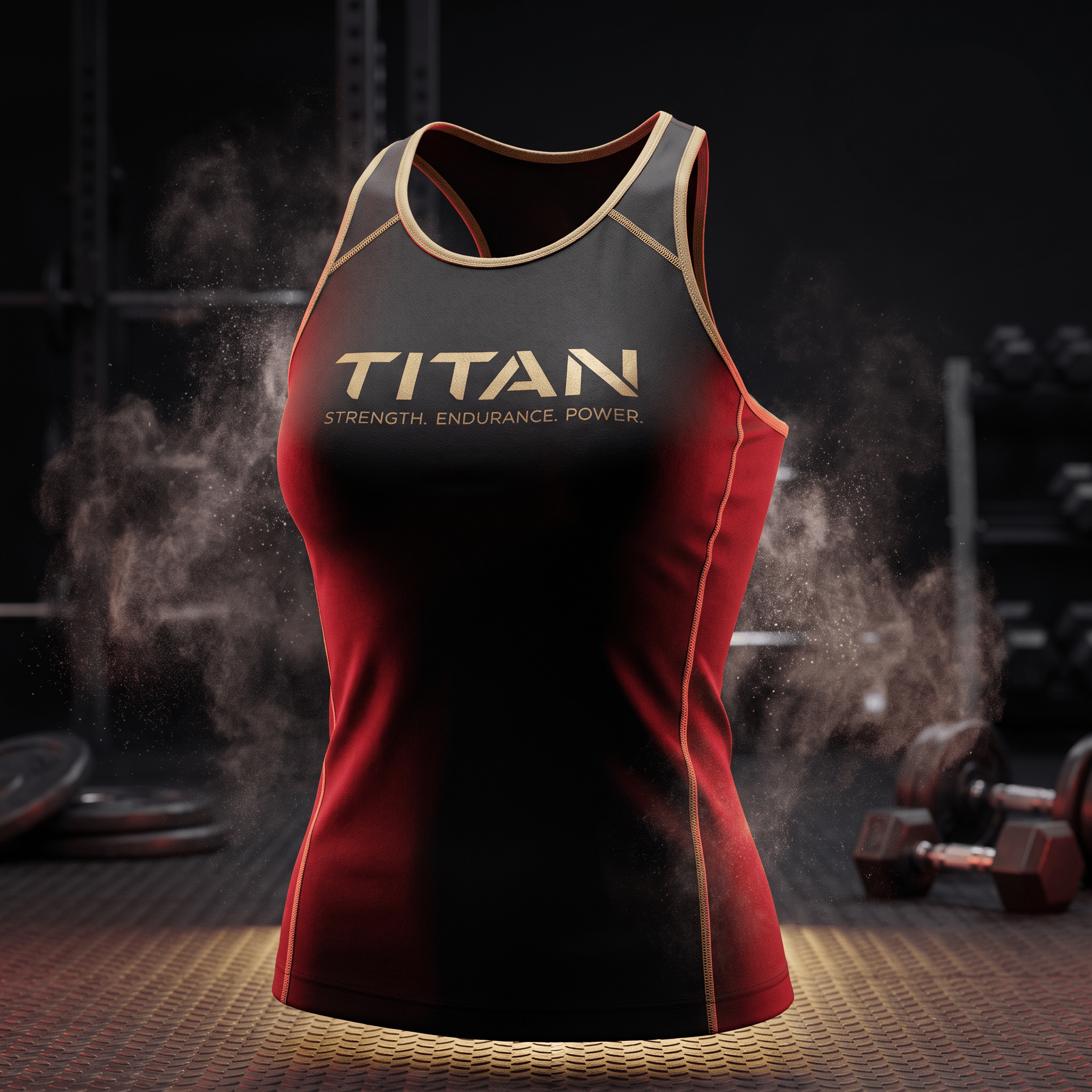 Black and red athletic tank top with "TITAN" logo in gold, shown in a gym setting with chalk dust.