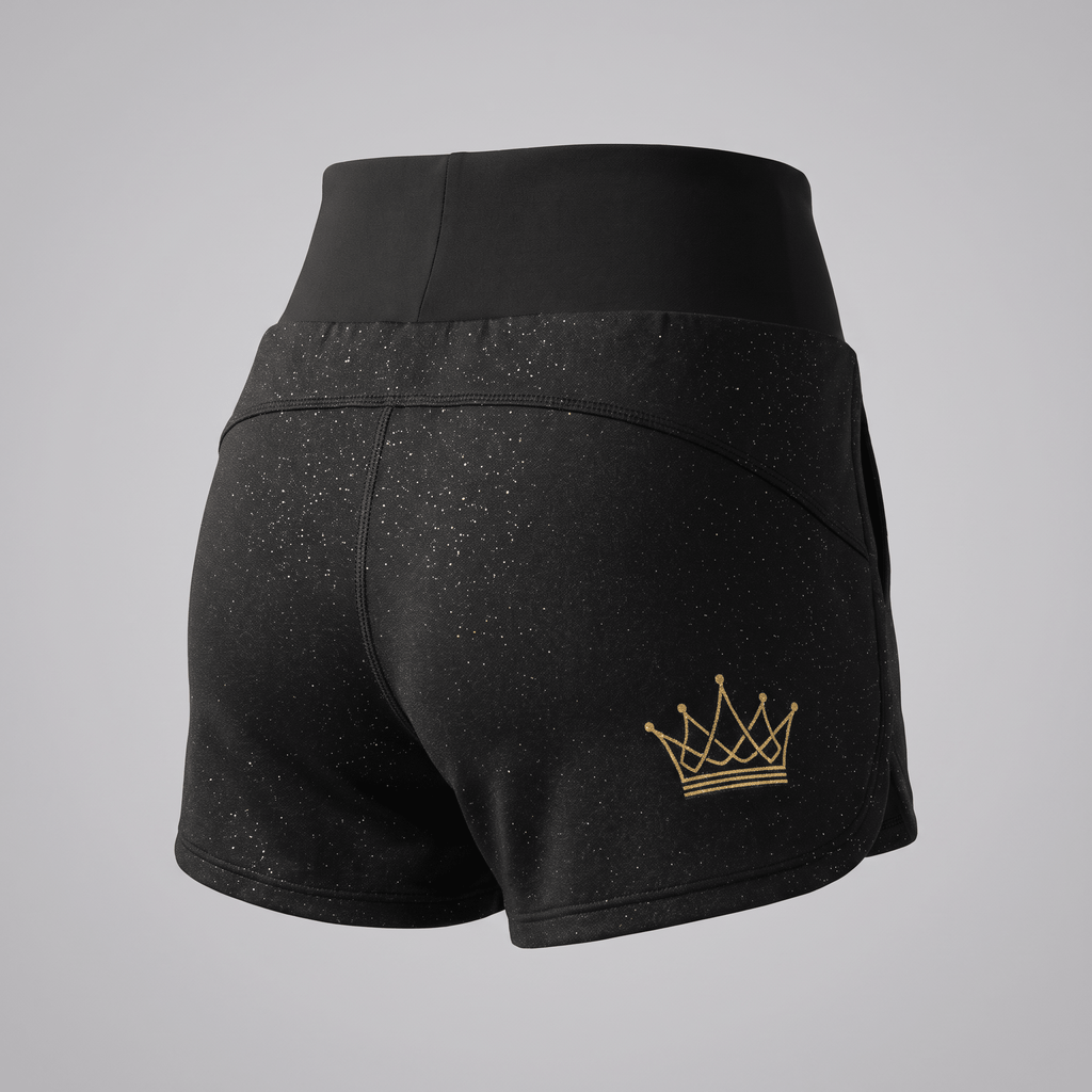 Back view of black athletic shorts with high waistband, subtle sparkle finish, and gold crown logo.