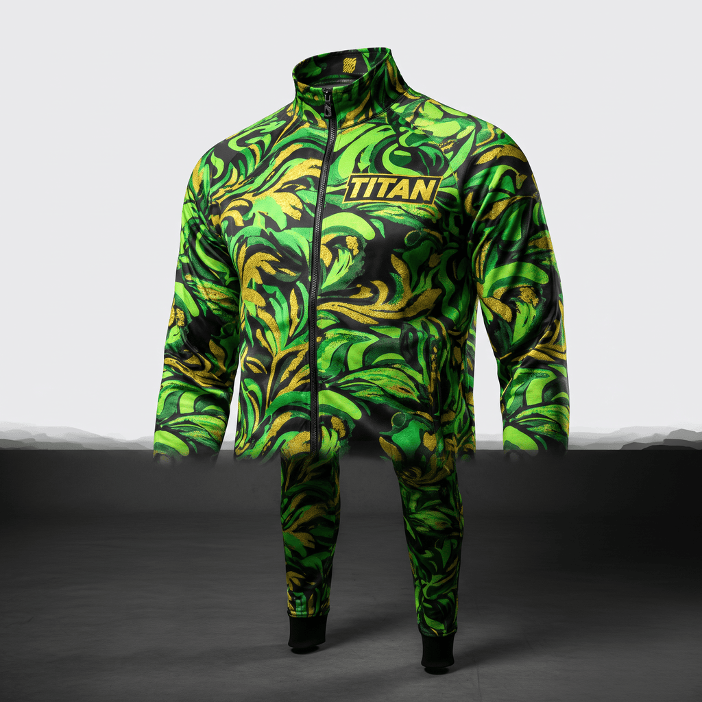 Green and gold swirled pattern track jacket and pants set with the Titan logo on the chest.