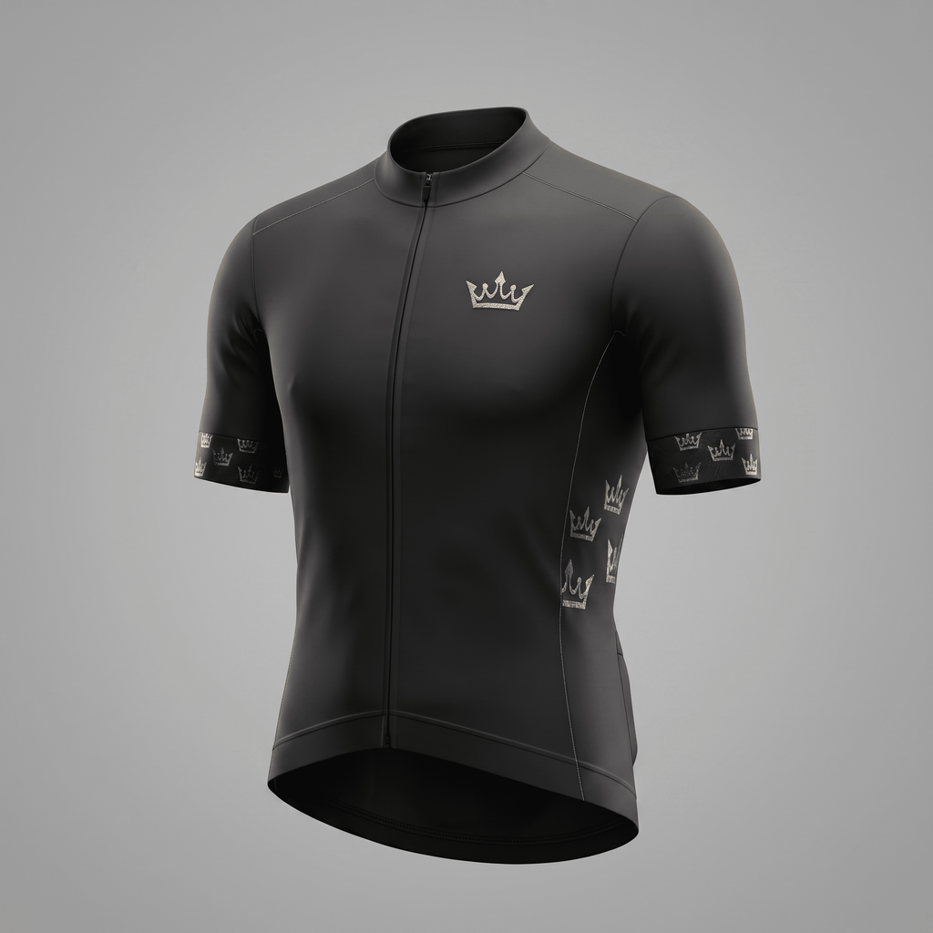 Black short-sleeve cycling jersey with silver crown graphics on the chest, side, and sleeve cuffs.