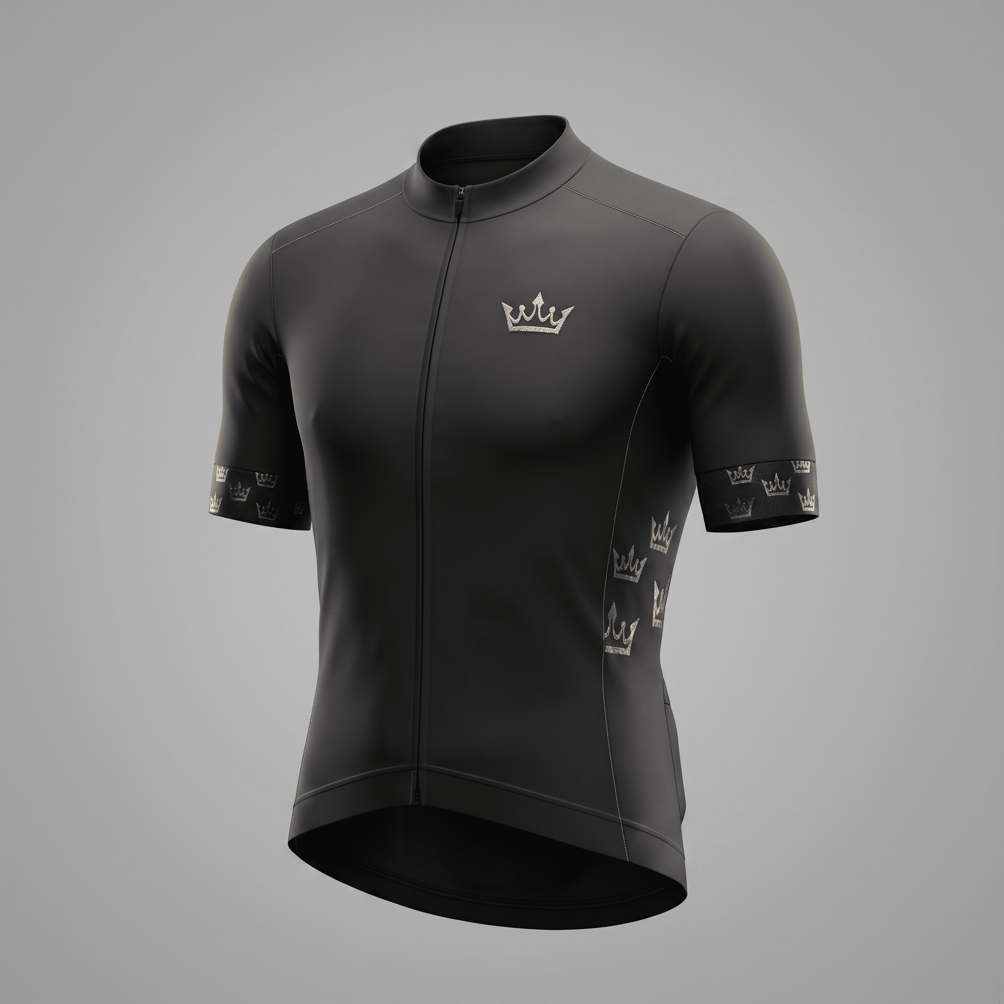Black short-sleeve cycling jersey with silver crown graphics on the chest, side, and sleeve cuffs.