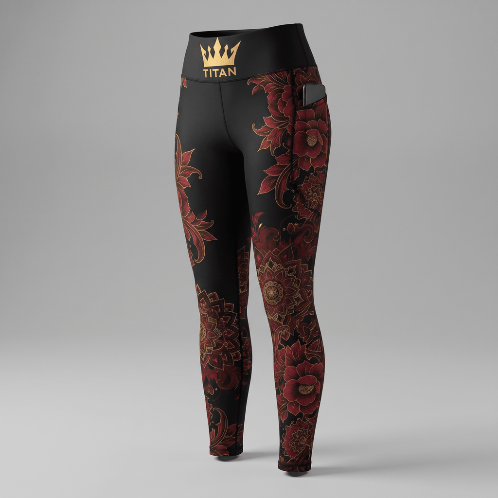 Black high-waisted leggings with red floral mandala prints, gold crown logo on waistband, and side pocket.