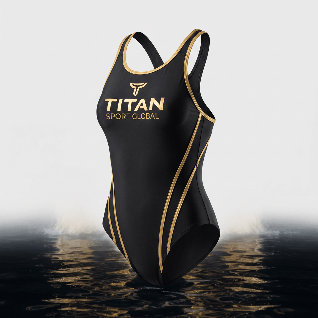 Black one-piece athletic swimsuit with gold piping and Titan Sport Global logo.