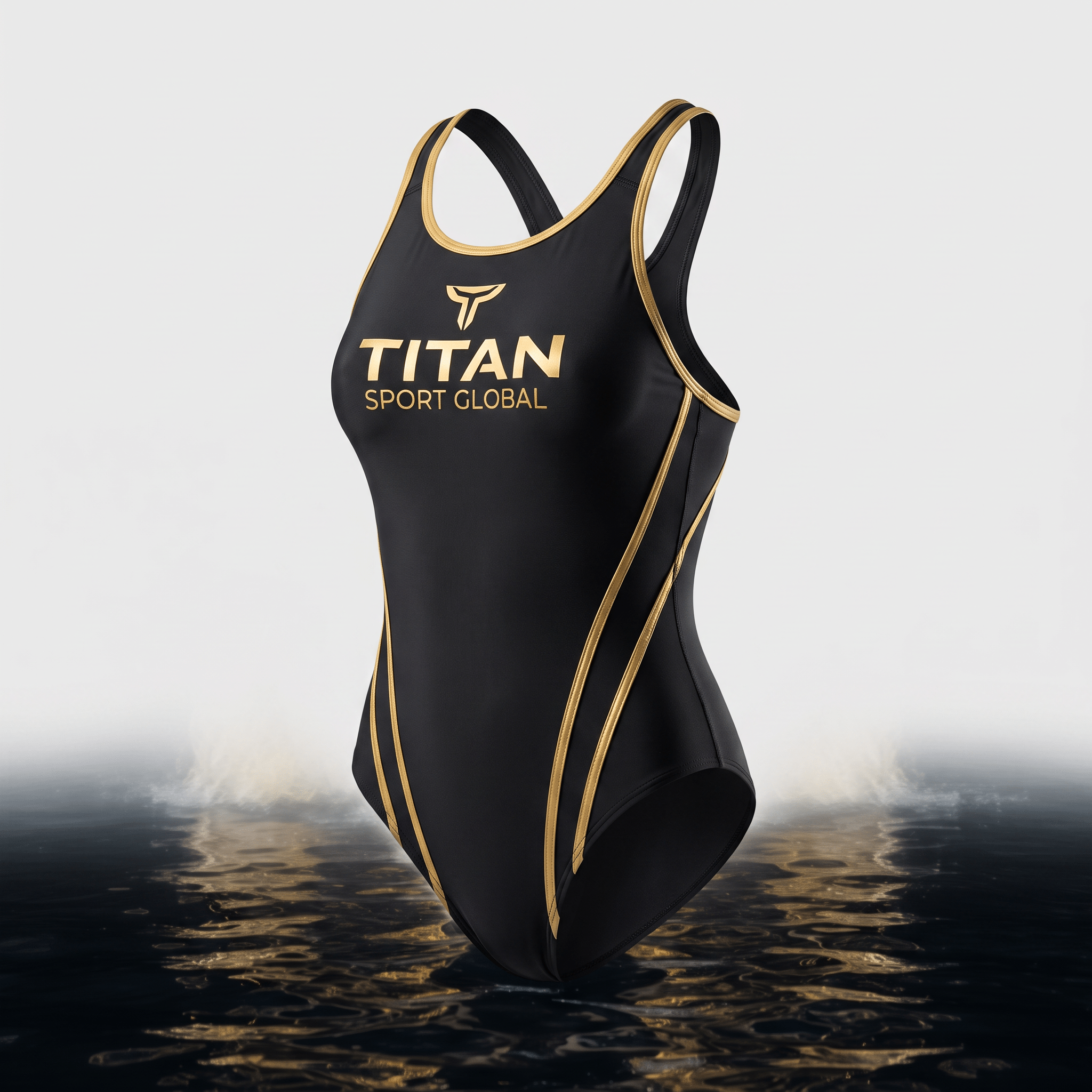 Black one-piece athletic swimsuit with gold piping and Titan Sport Global logo.