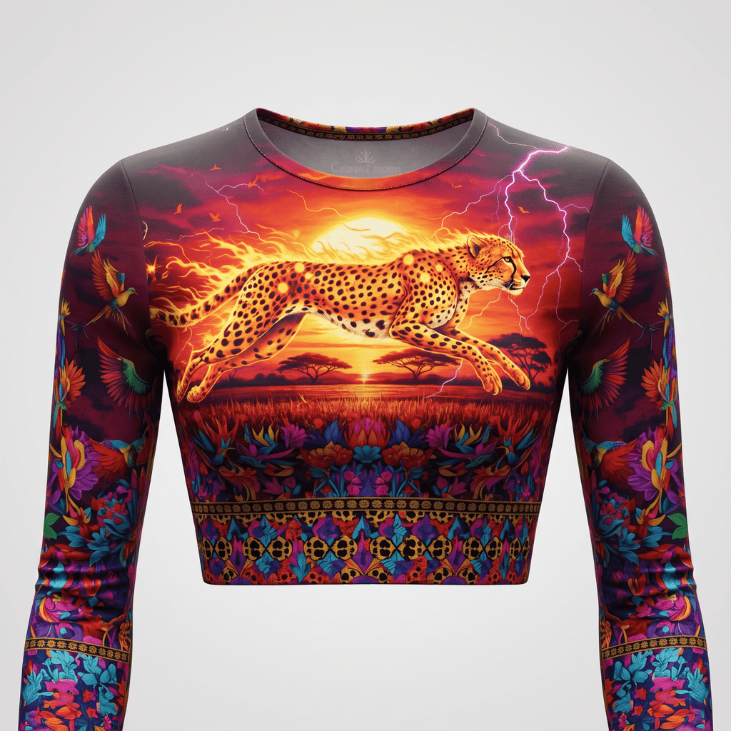 Long sleeve crop top featuring a flaming cheetah running across an African sunset with lightning and colorful floral trim.