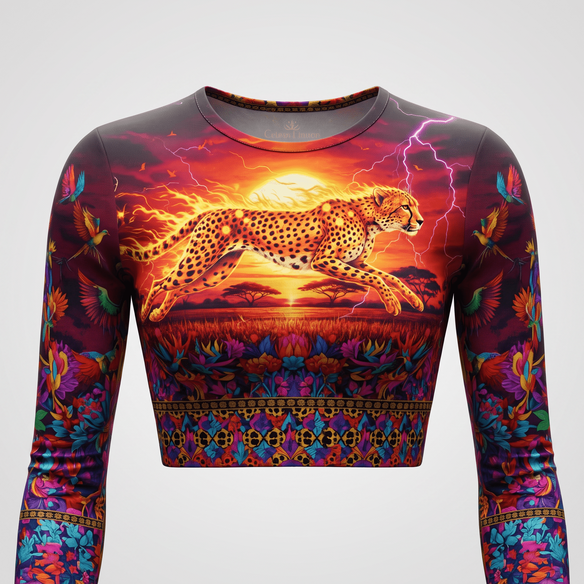 Long sleeve crop top featuring a flaming cheetah running across an African sunset with lightning and colorful floral trim.
