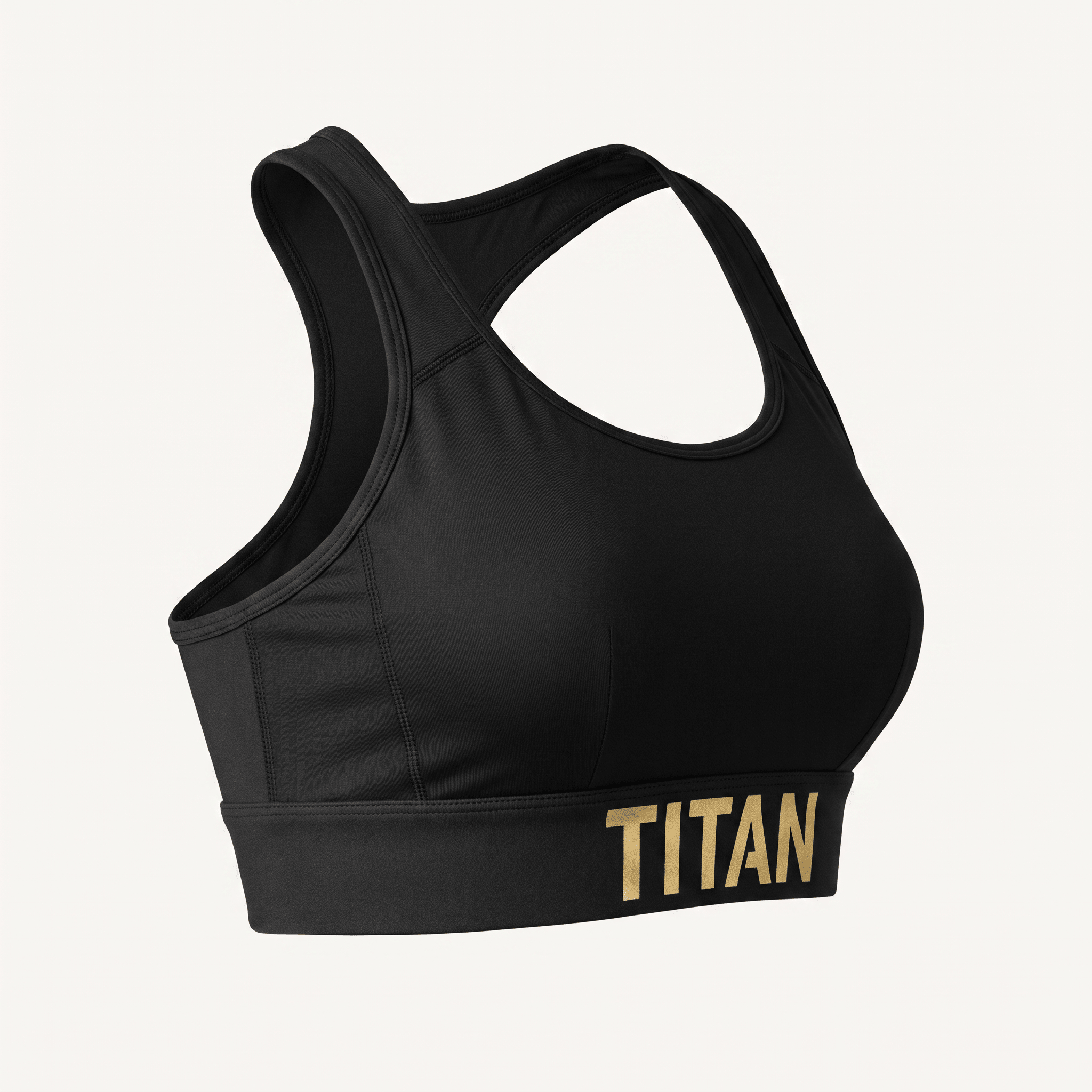 Black sports bra with racerback design and gold Titan logo on the elastic band.