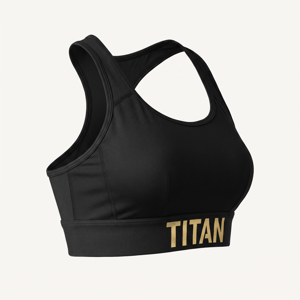 Black athletic sports bra with a racerback style and gold Titan logo on the bottom band.