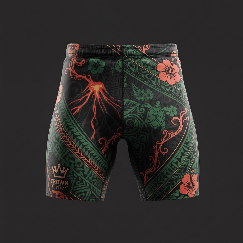 Black compression shorts featuring a green and orange Polynesian tattoo design with flowers and a volcano.