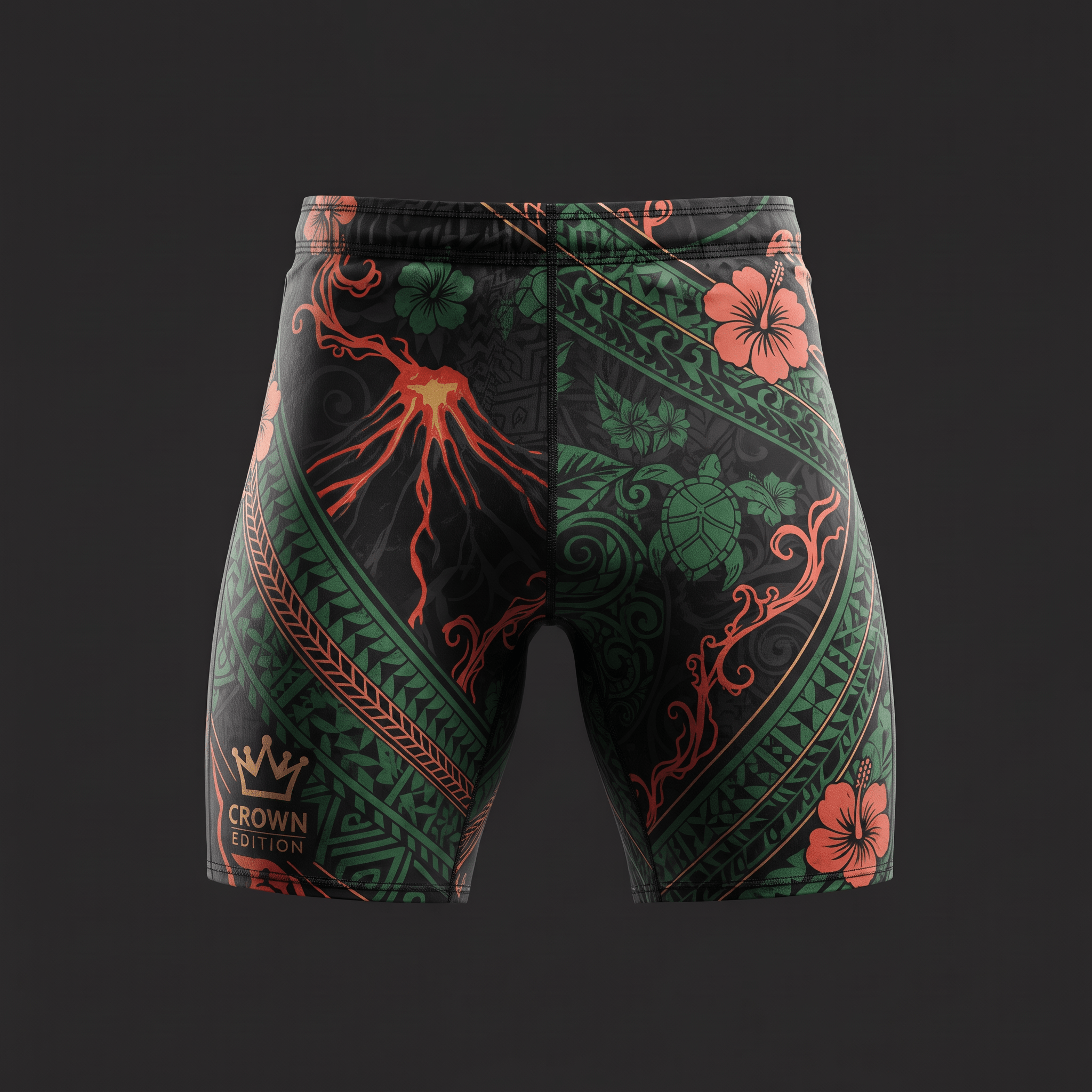 Black compression shorts featuring a green and orange Polynesian tattoo design with flowers and a volcano.