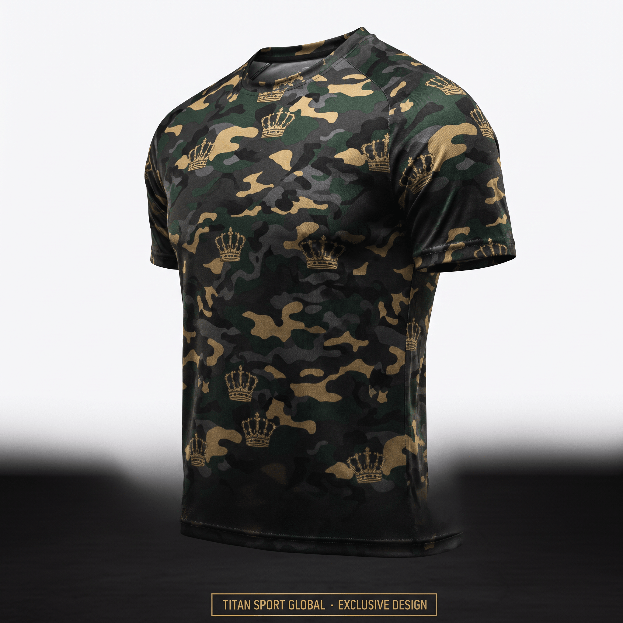 Green and brown camouflage t-shirt with gold crown print and short sleeves.