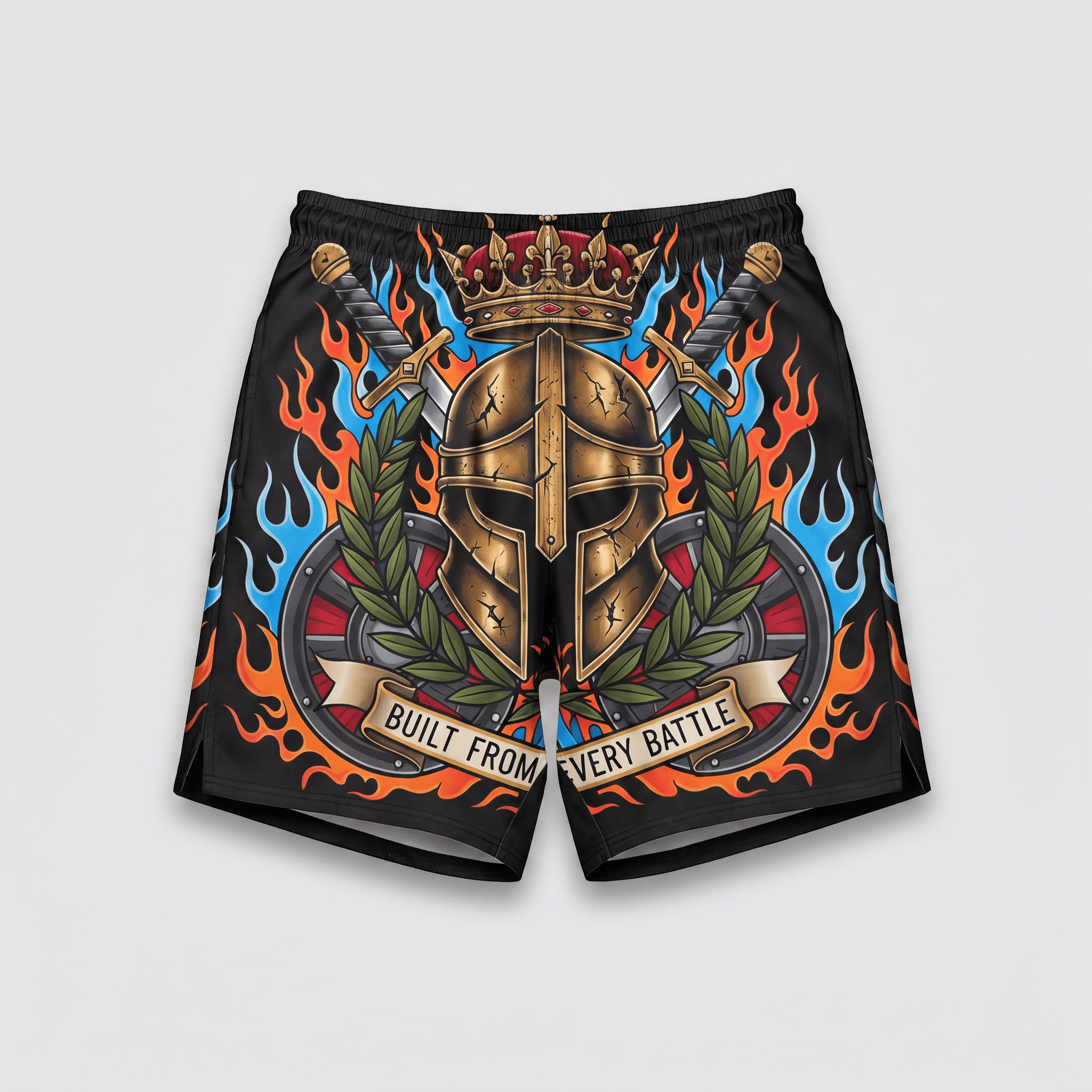Black athletic shorts featuring a bold warrior graphic with helmet, crown, swords, flames, and text.