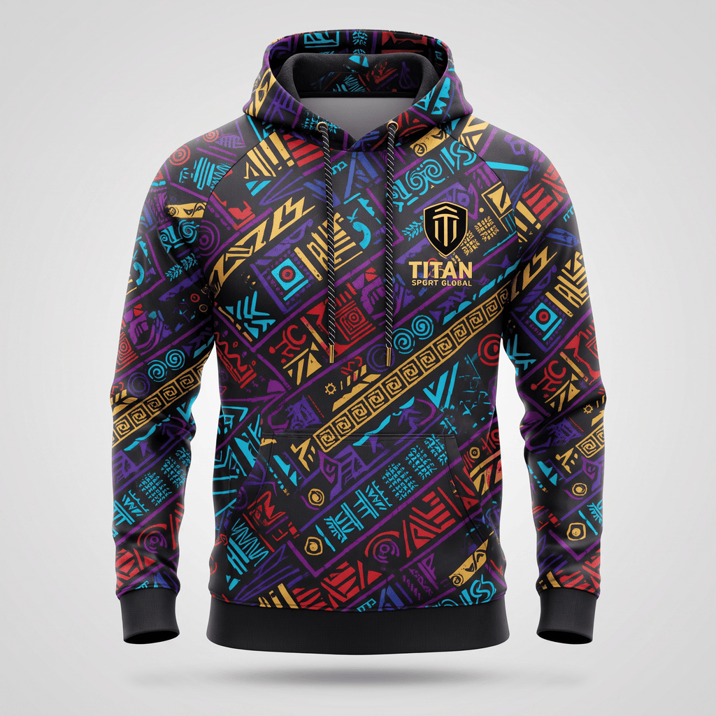 Black hoodie featuring a colorful abstract pattern, front pocket, drawstrings, and Titan Sport Global logo.