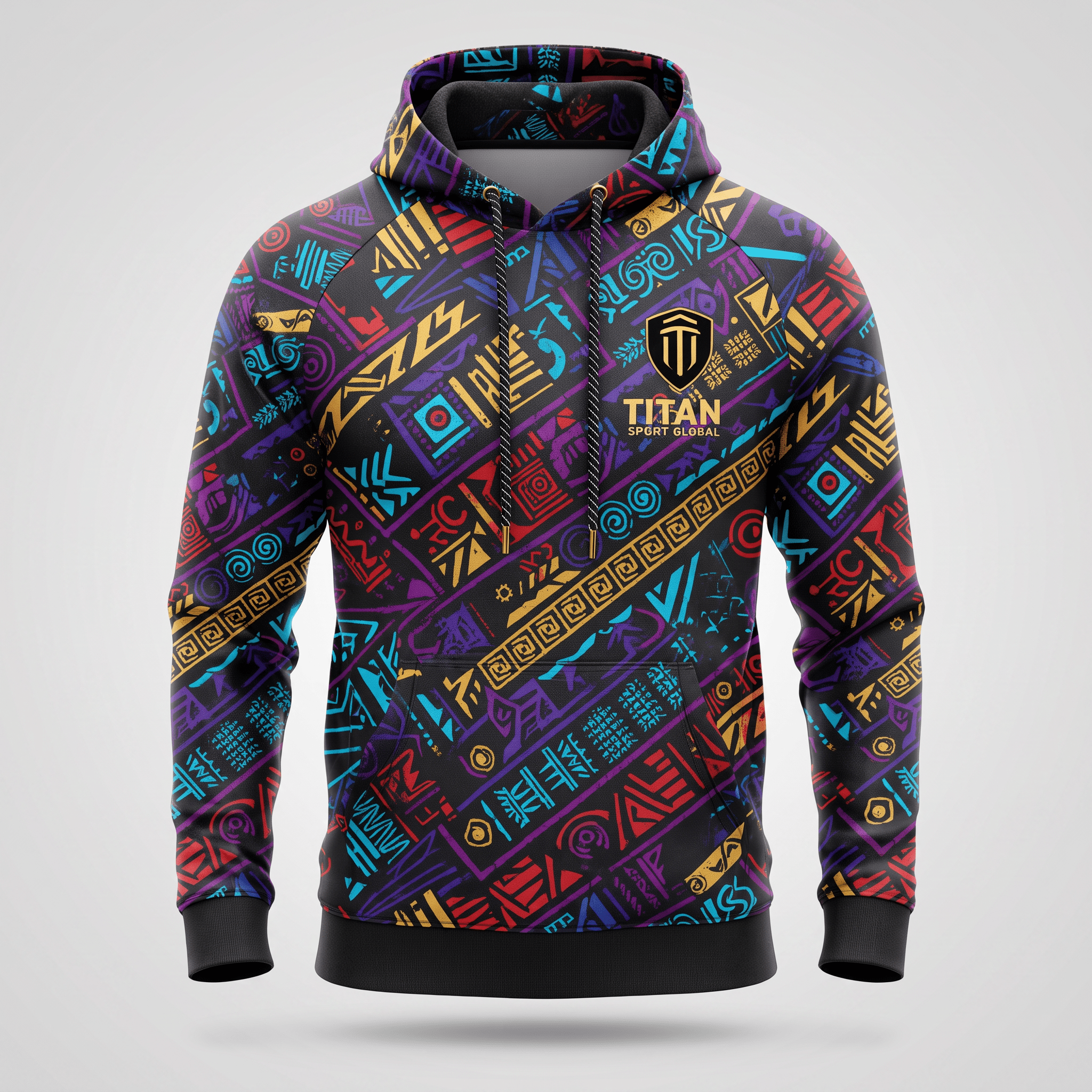 Black hoodie featuring a colorful abstract pattern, front pocket, drawstrings, and Titan Sport Global logo.
