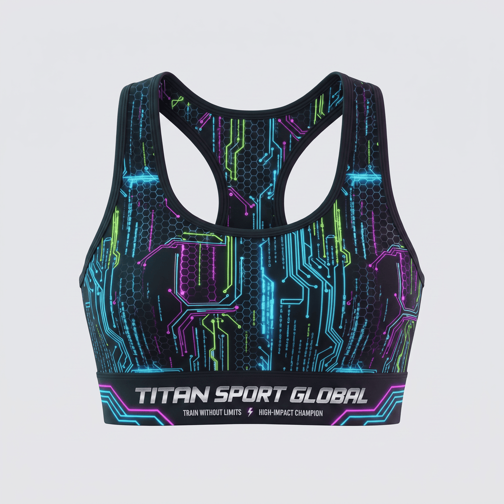 Black sports bra with a cyber circuit board print in blue, green, and pink, featuring Titan Sport Global branding.