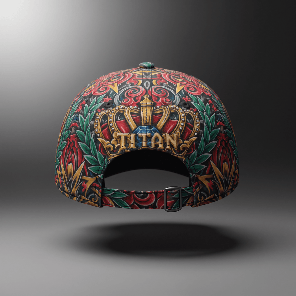 Back view of a baseball cap with a colorful tattoo-style print featuring a crown and the word Titan.