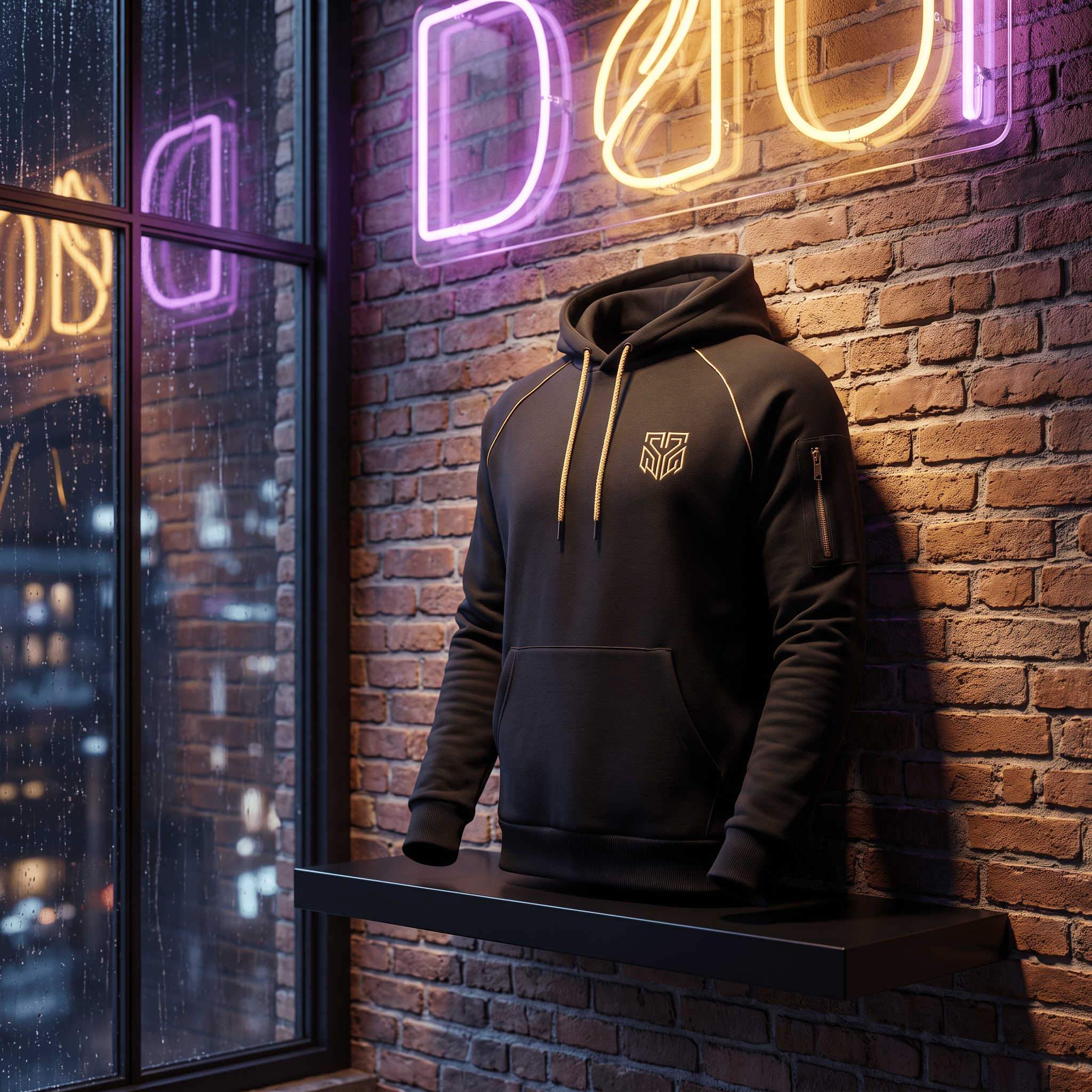 Black hoodie with gold accents, logo, and sleeve zipper, displayed on a shelf against a brick wall with neon lighting.
