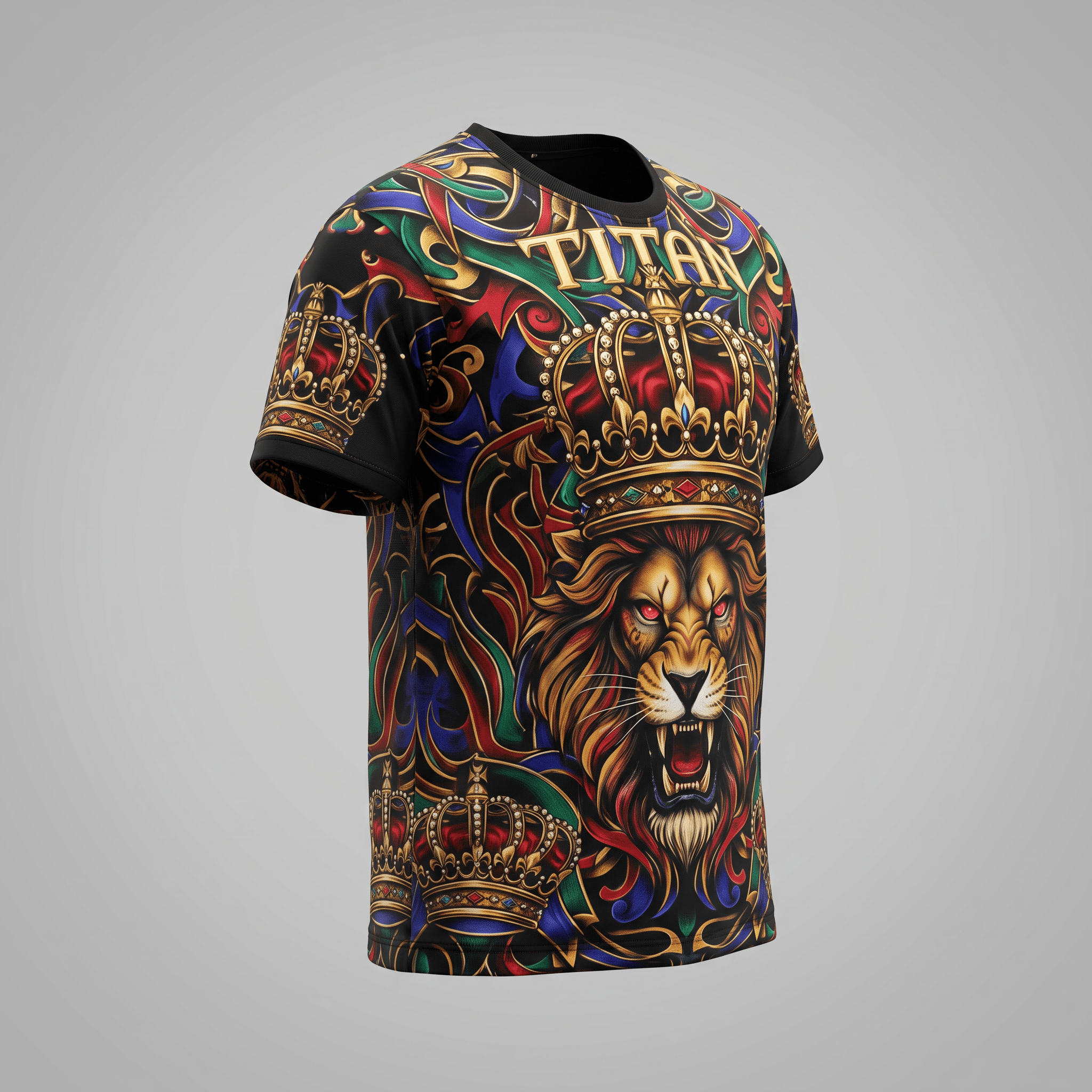 Black crewneck t-shirt featuring a colorful graphic of a crowned lion, red eyes, and ornate filigree.