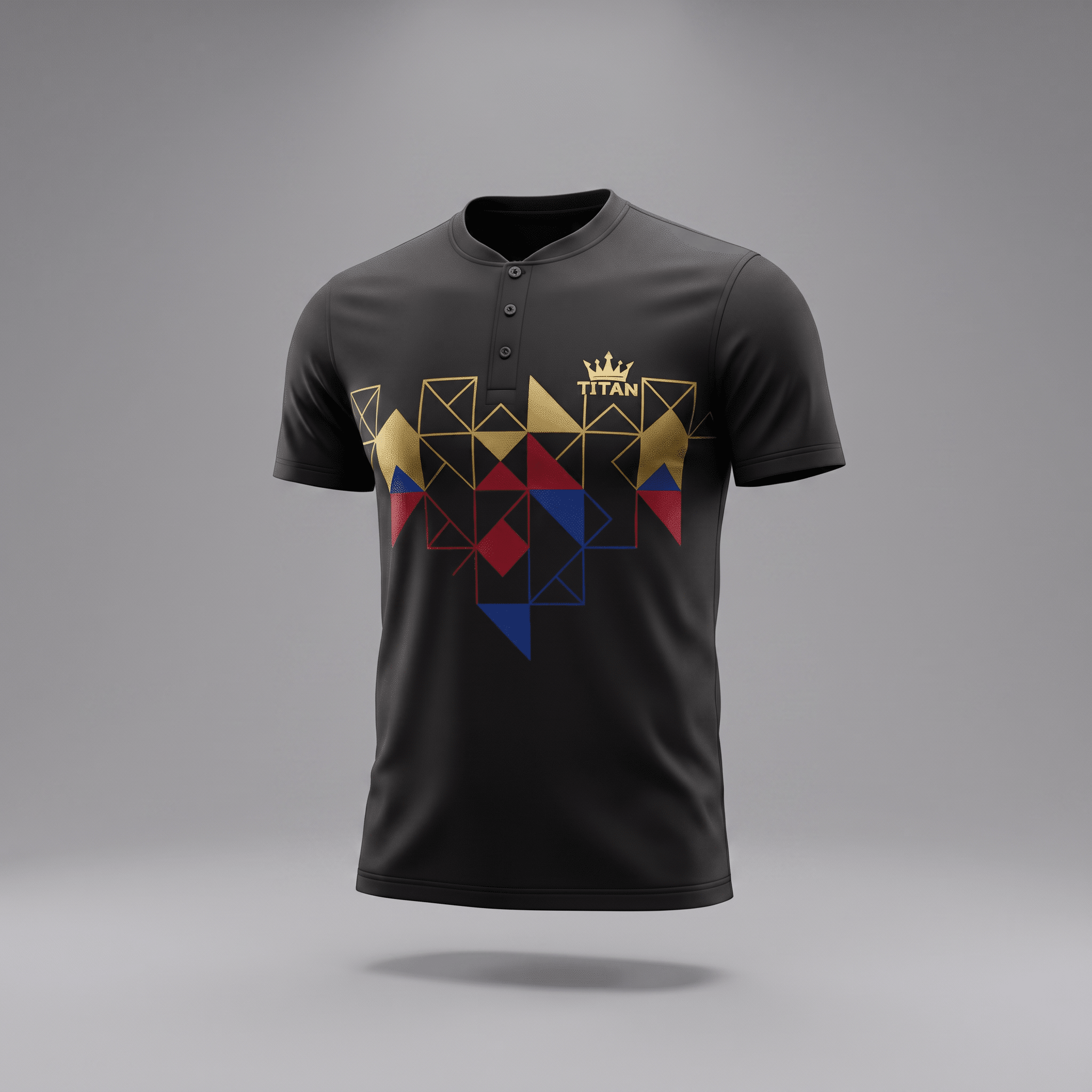 Black short-sleeve henley shirt with a gold, red, and blue geometric chest pattern and crown logo.