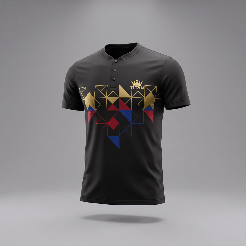 Black short-sleeve henley shirt featuring a geometric chest print in gold, red, and blue with a crown logo.