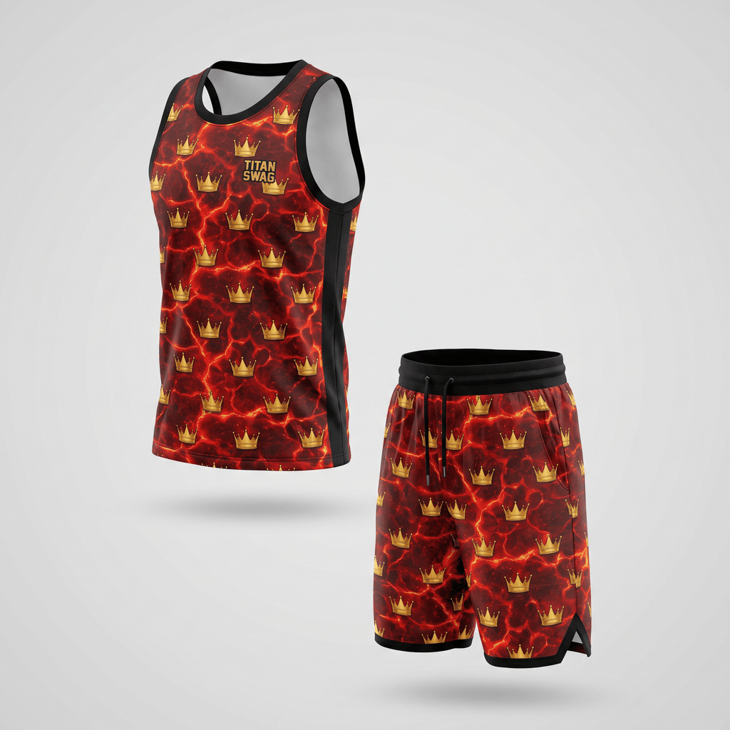 Red and black basketball jersey and shorts set with gold crown print and Titan Swag logo.