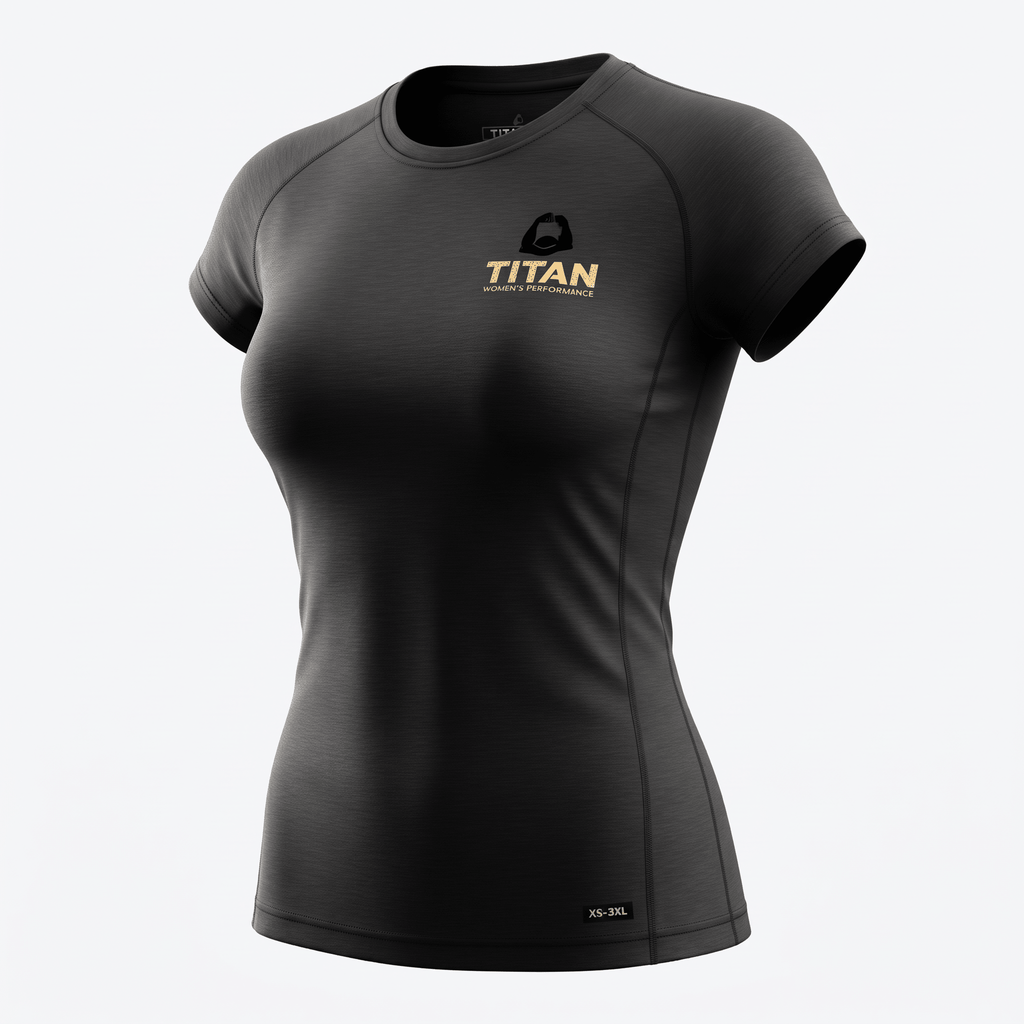 Charcoal grey women's athletic short-sleeve t-shirt with gold Titan Women's Performance logo on the chest.