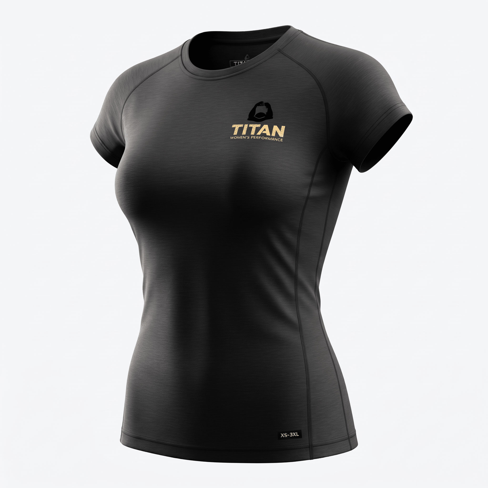 Black women's short-sleeve athletic t-shirt with Titan Women's Performance gold logo on chest.