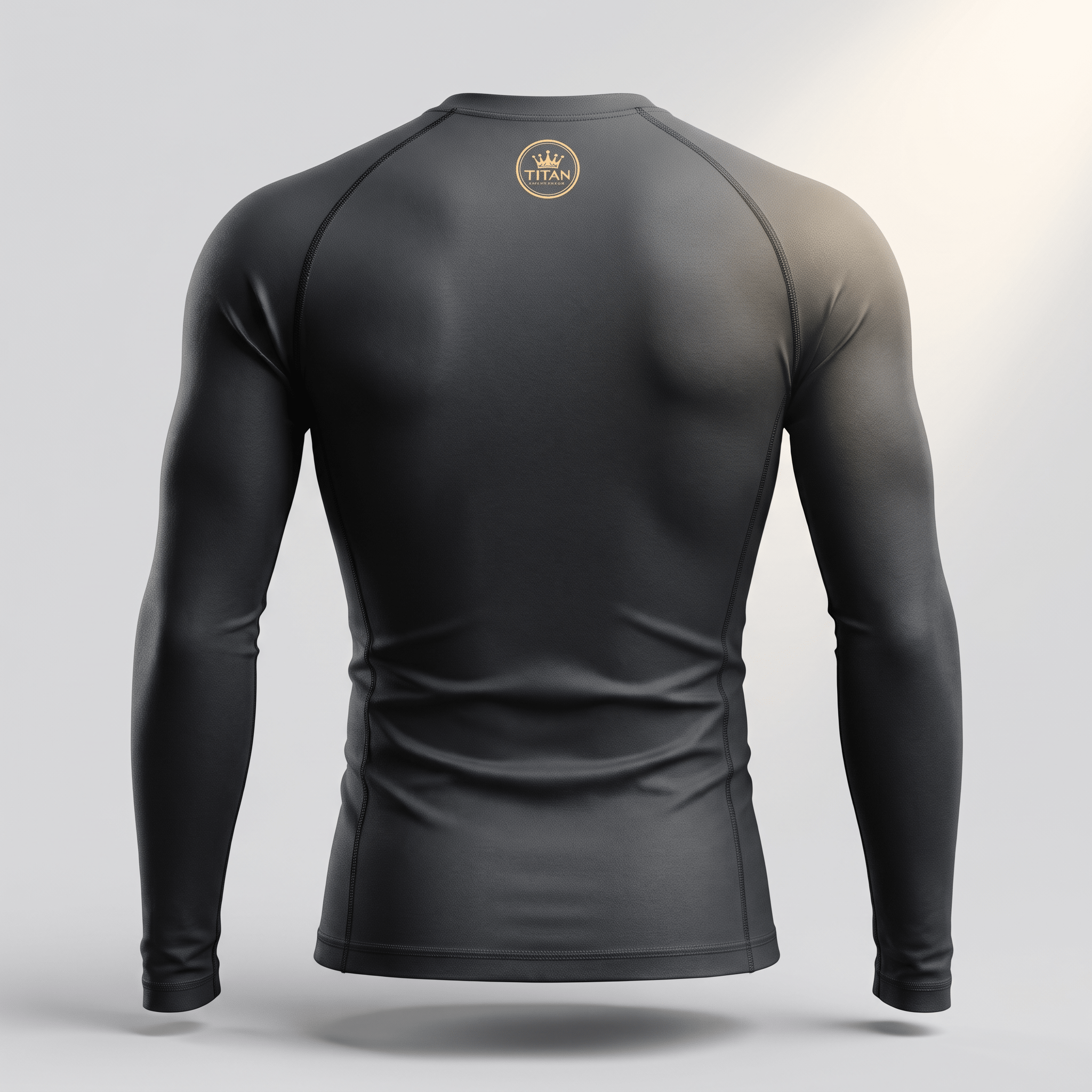 Back view of a black long-sleeve compression rash guard shirt with a small gold Titan logo on the upper back.
