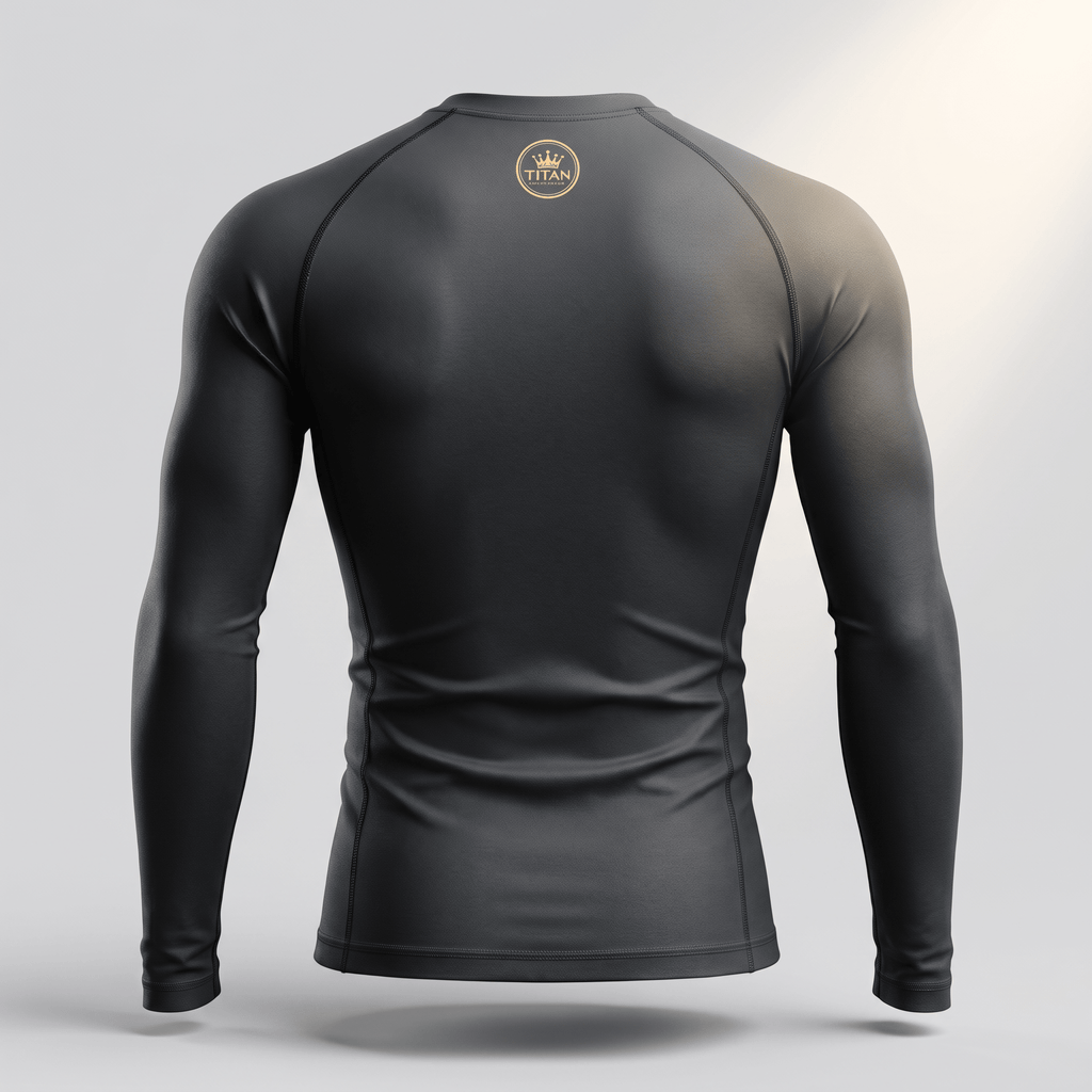 Back view of a black long-sleeve compression rash guard with a gold Titan logo on the upper back.