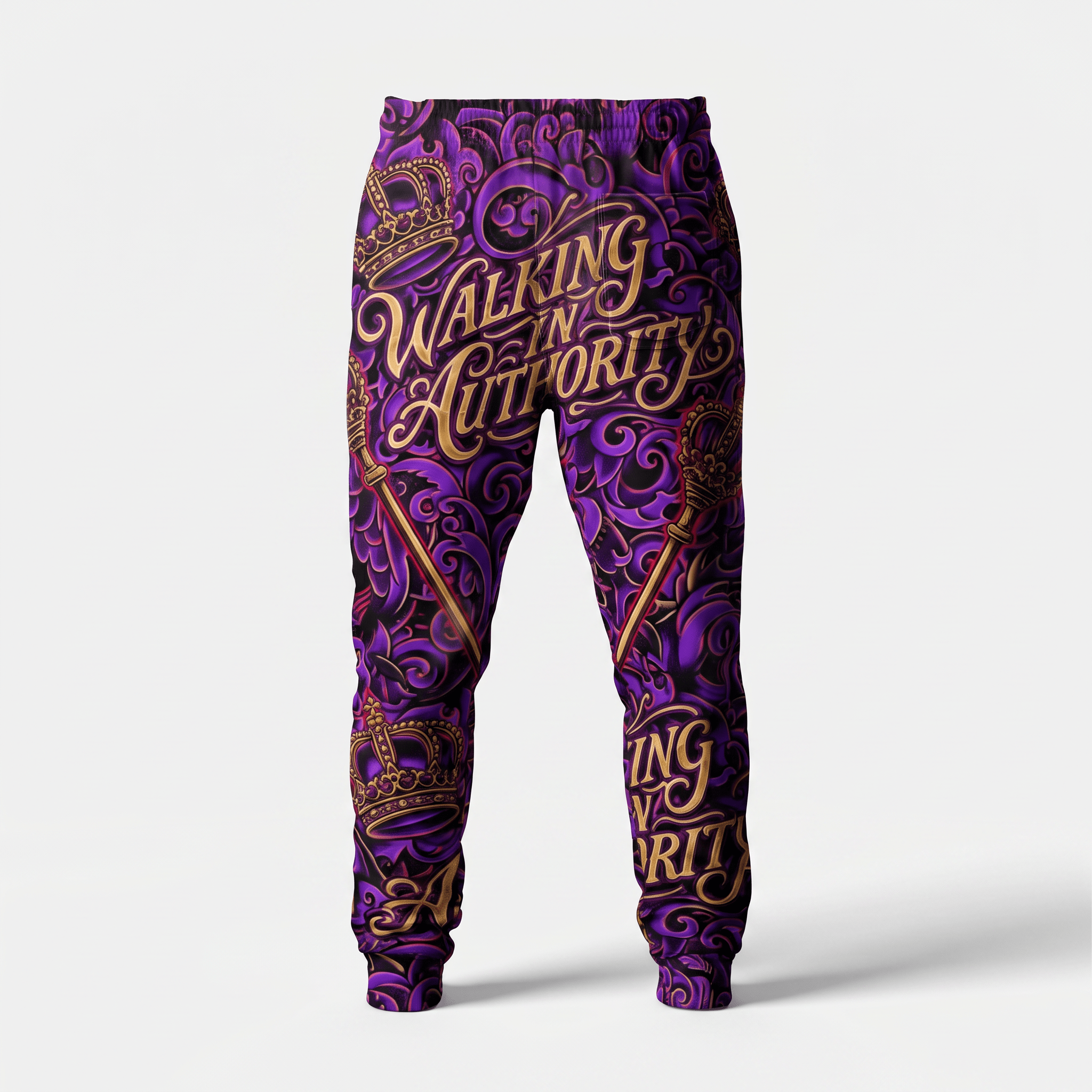Purple sweatpants featuring a gold ornate print, crowns, scepters, and Walking in Authority typography.