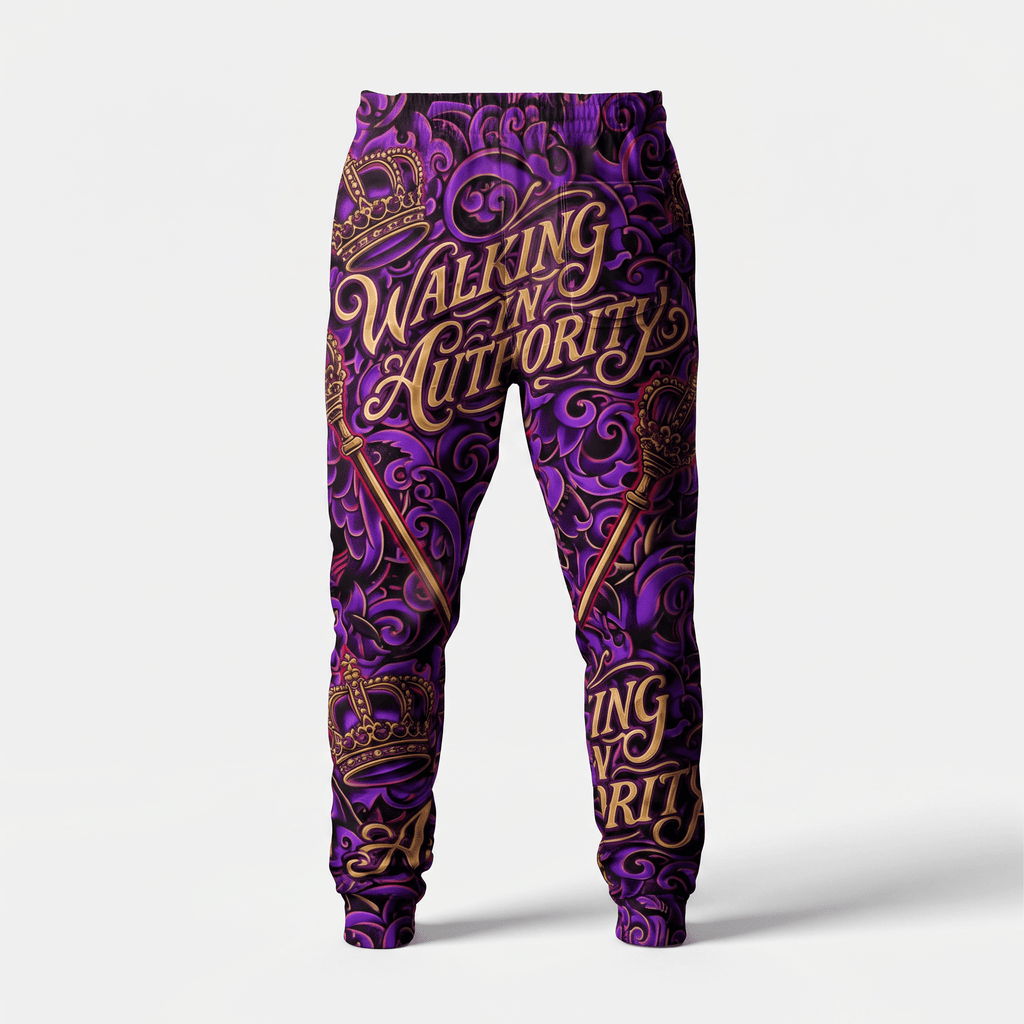 Purple sweatpants with gold Walking in Authority text, crowns, scepters, and intricate scrollwork.