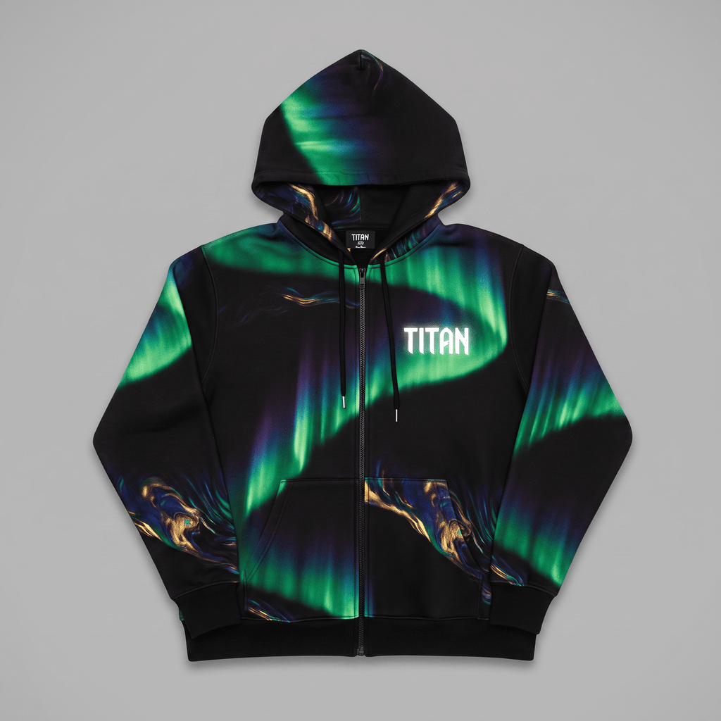 Black full-zip hoodie featuring a vibrant green and purple aurora borealis graphic, with white Titan logo on chest.